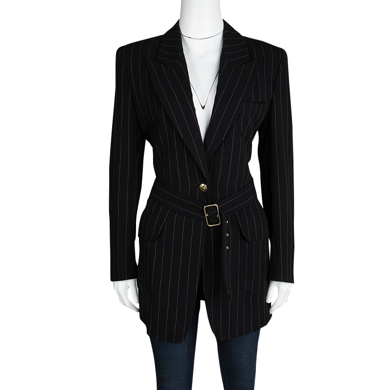 

Gucci Black Wool Pinstriped Belted Long Blazer