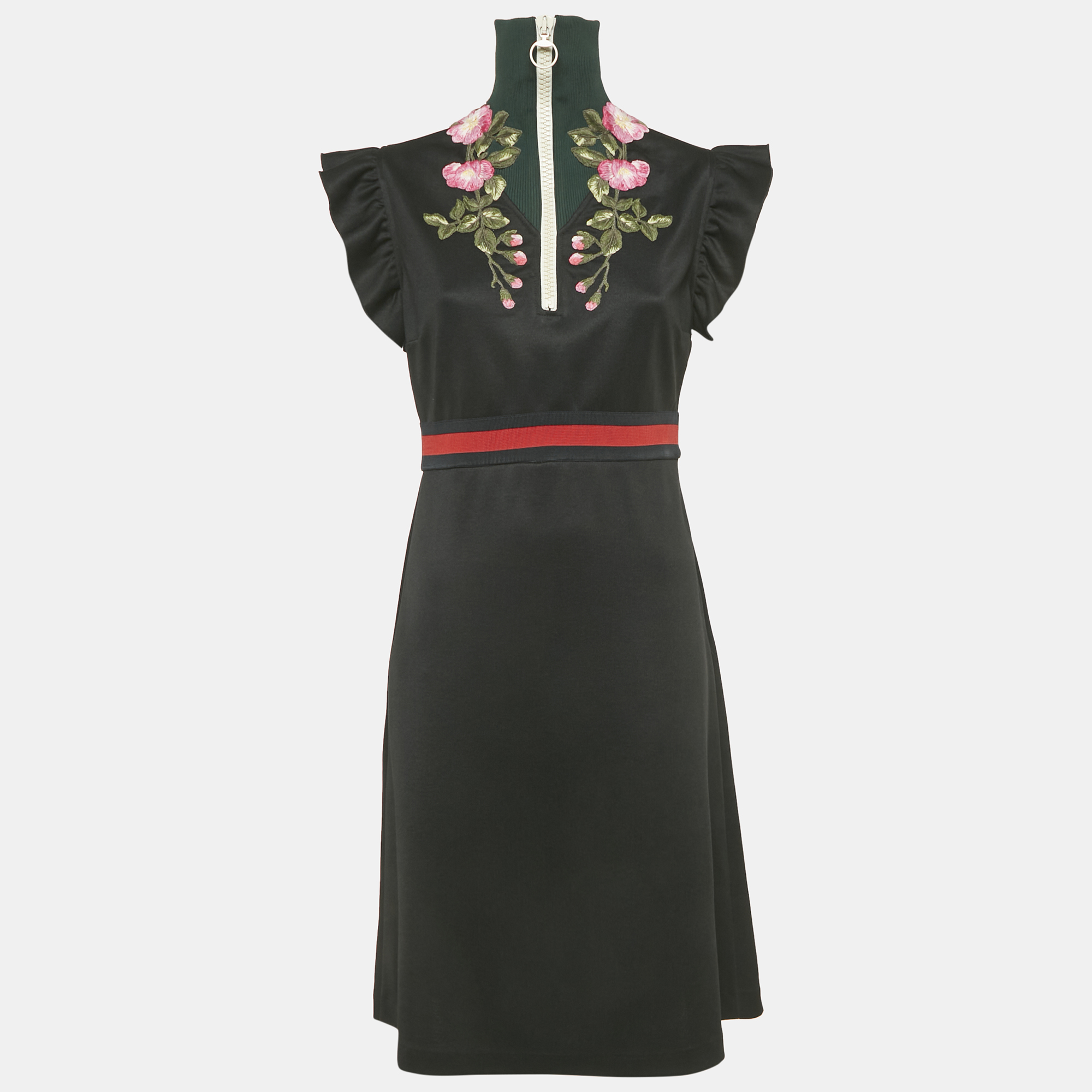 

Gucci Black Floral Embroidered Knit Turtle Neck Mini Dress L