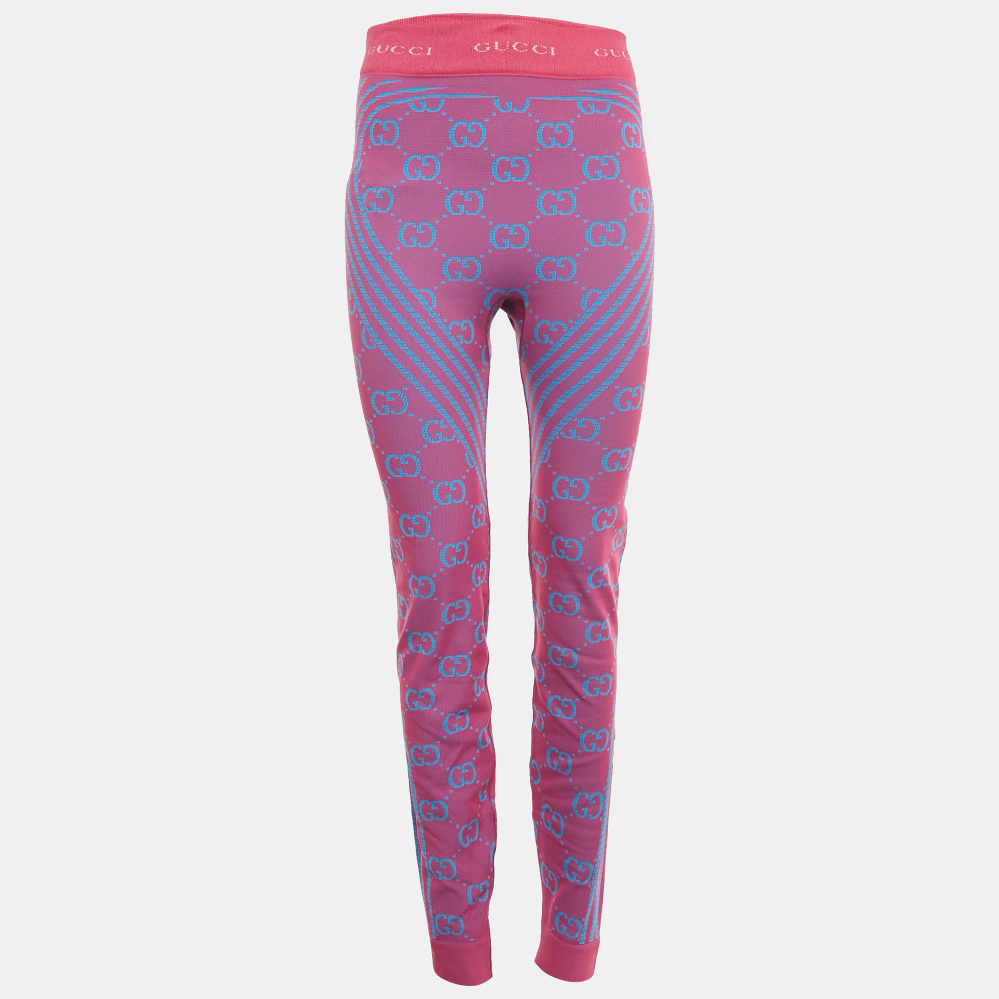 Gucci Pink/Blue GG Jacquard Technical Jersey Leggings M