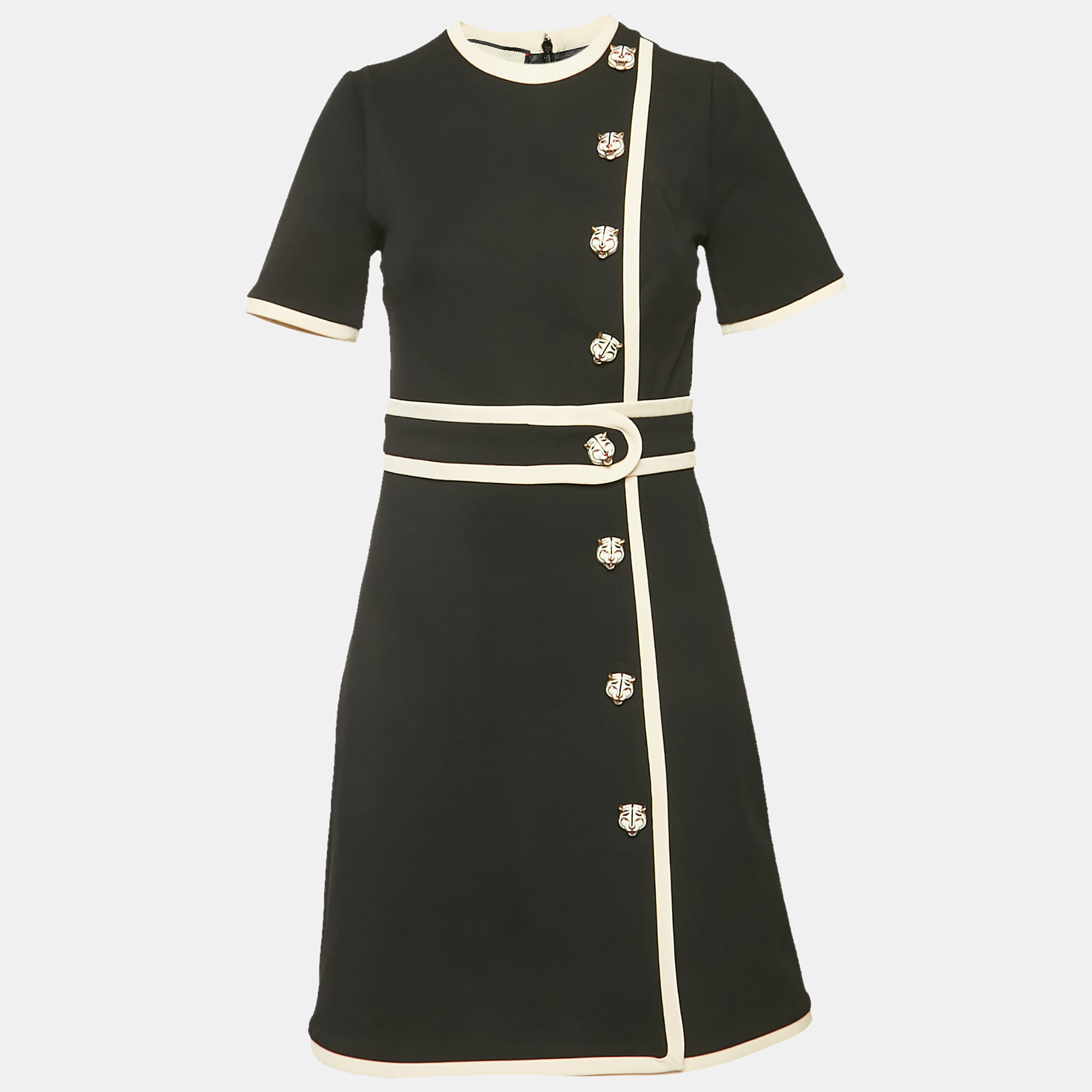 

Gucci Black Crepe Contrast Trimmed Tiger Button Detail Crepe Mini Dress S