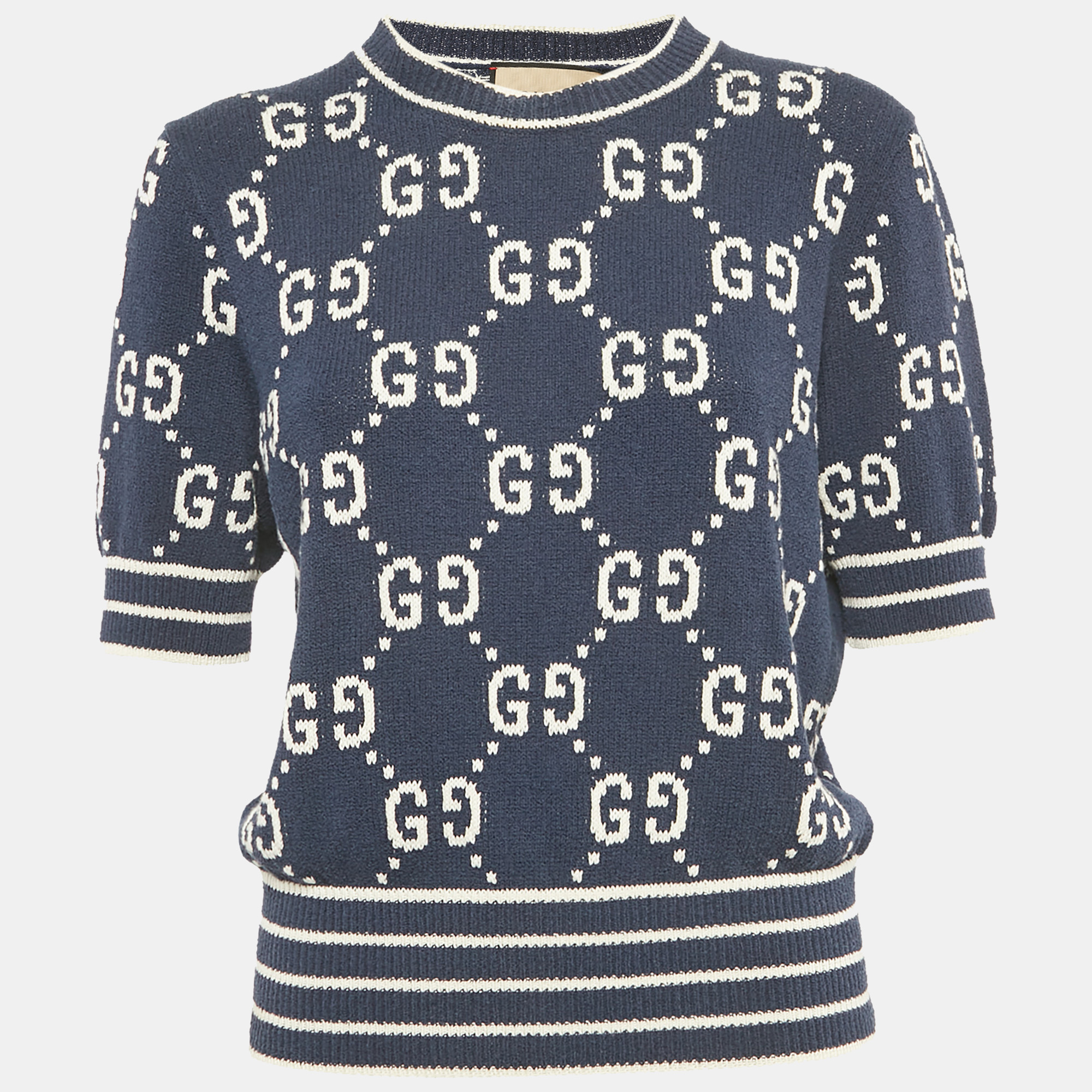 Pre-owned Gucci Navy Blue Gg Intarsia Knit Sweater Xl