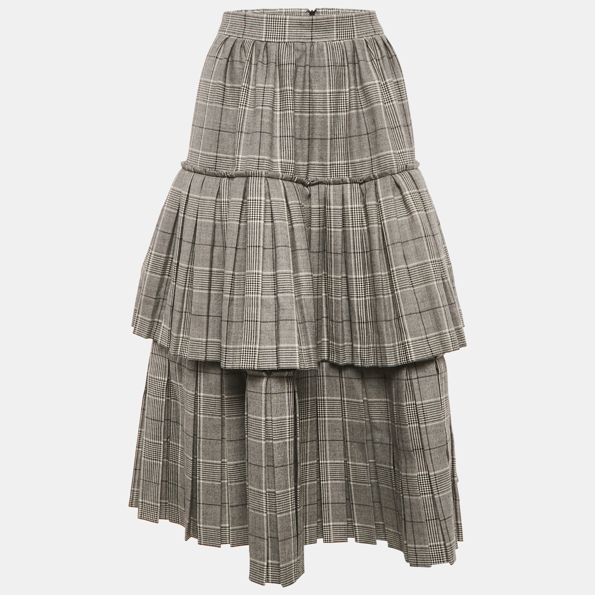 

Gucci Monochrome Prince Of Wales Wool Tiered Midi Skirt M, Grey
