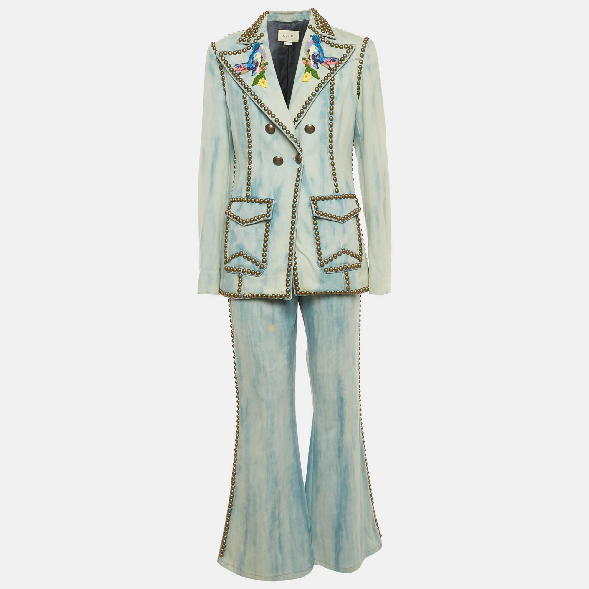 

Gucci Blue Embroidered Denim Stud Detail Jacket and Jeans Set L/M