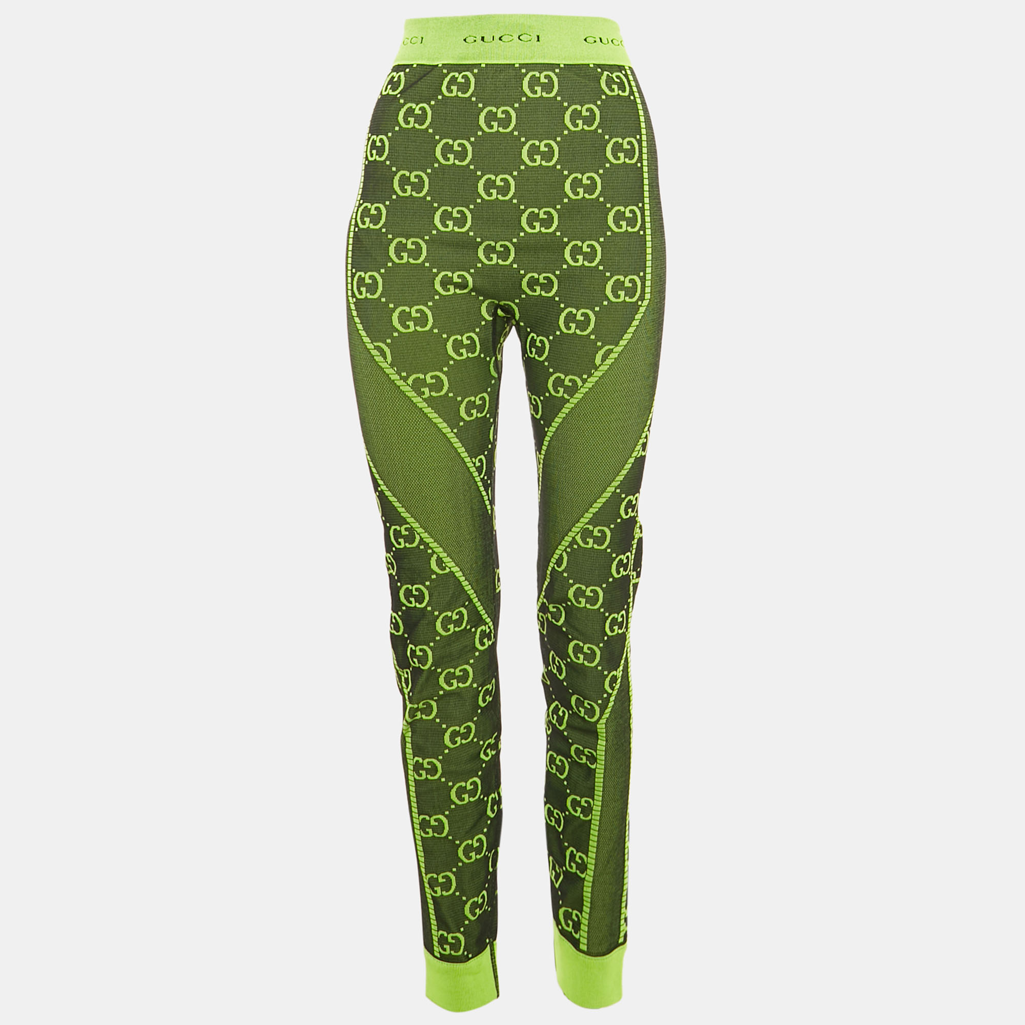 Pre-owned Gucci Green Gg Jacquard Knit Leggings M