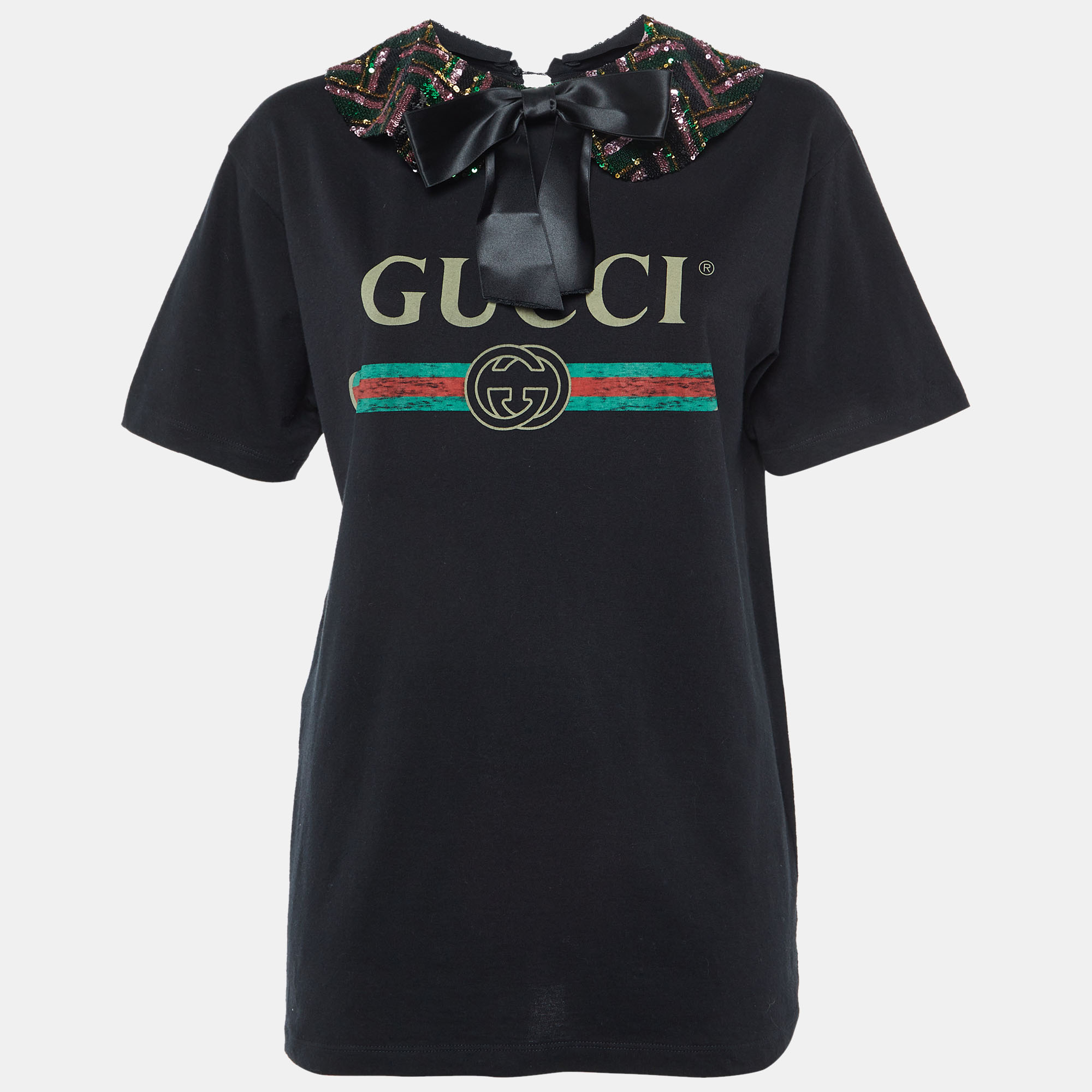 

Gucci Black Logo Print Sequined Embellished Collar T-Shirt XS