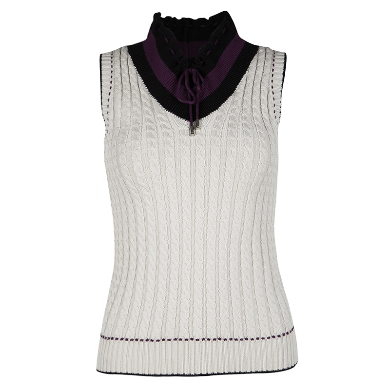 Pre-owned Gucci Beige Contrast Trim Detail Cable Knit Sleeveless Sweater S