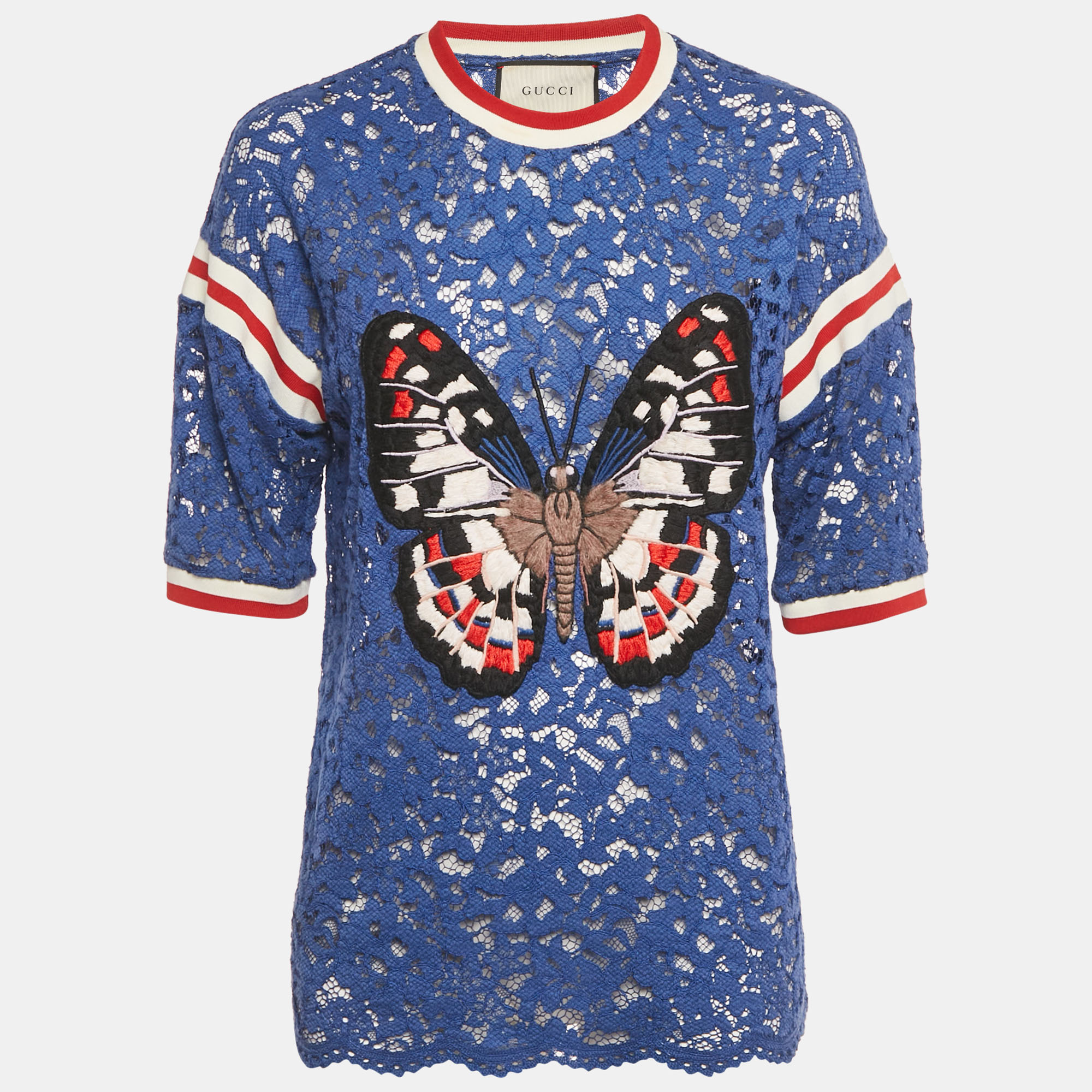 Pre-owned Gucci Blue Butterfly Applique Lace Crewneck T-shirt L
