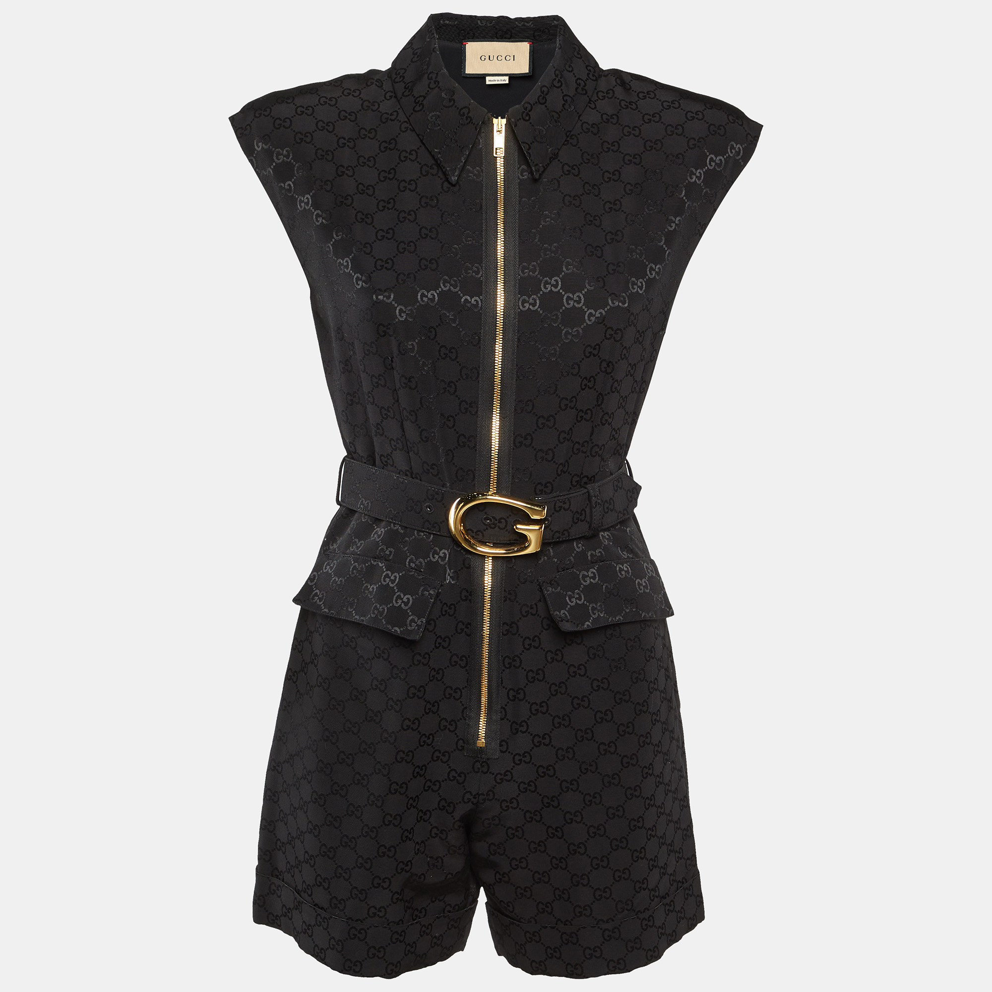 

Gucci Black GG Jacquard Faille Belted Playsuit S