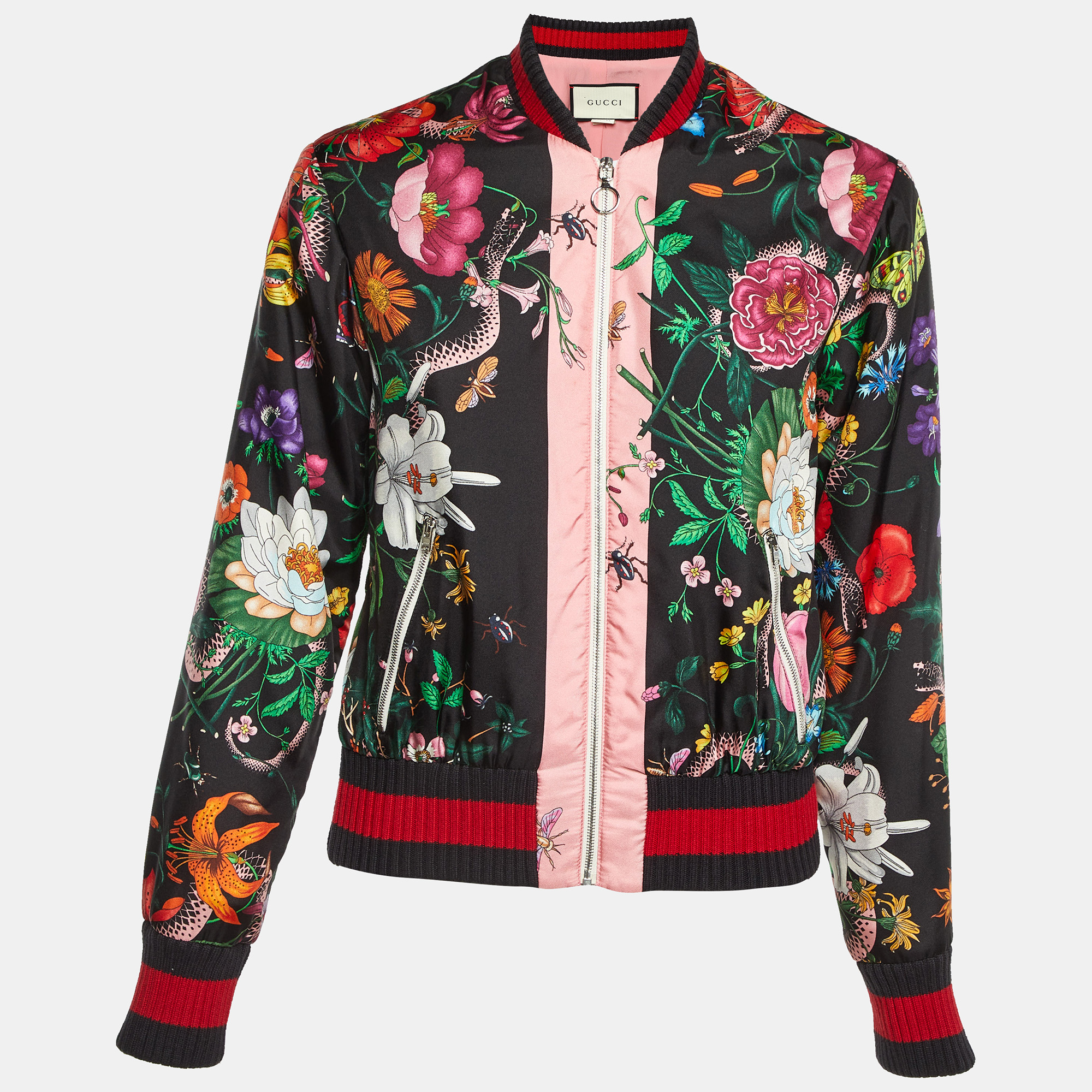 

Gucci Black Floral Printed Silk Bomber Jacket S