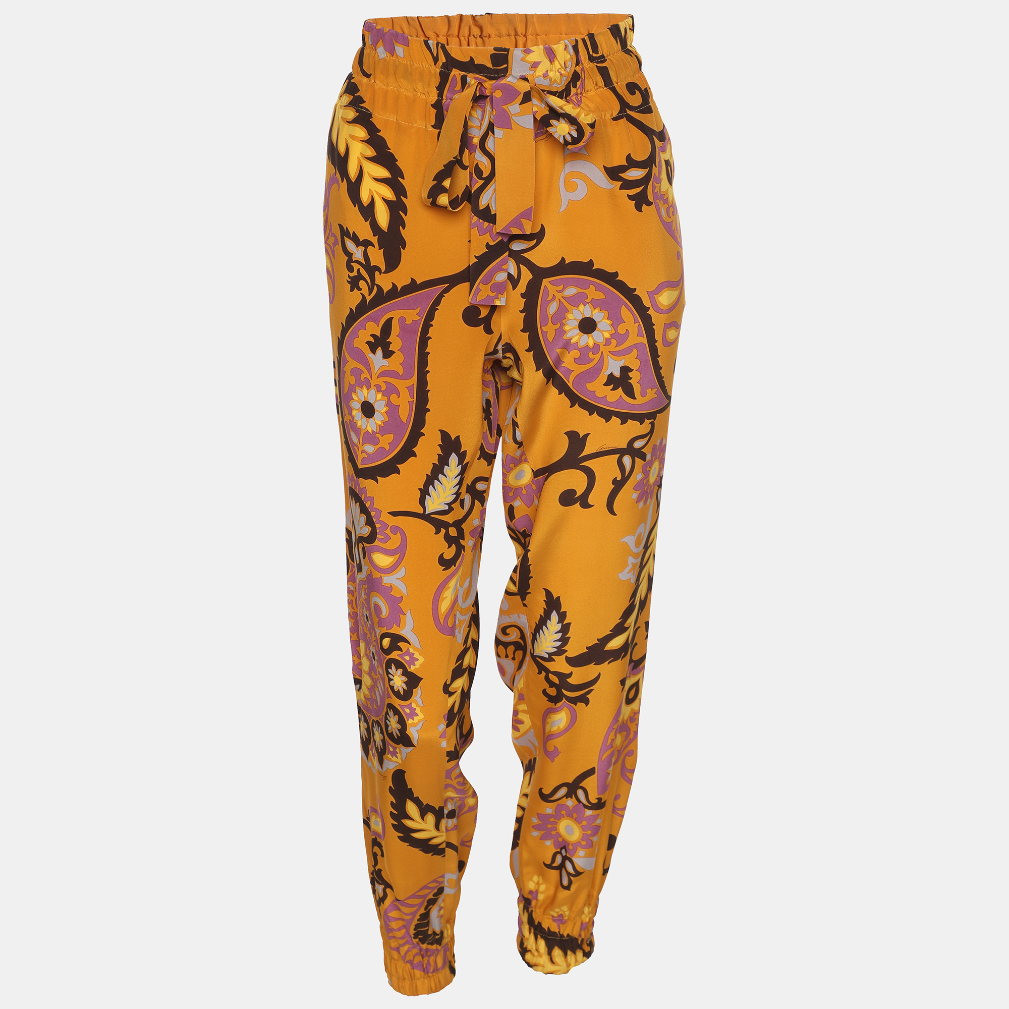 Pre-owned Gucci Ochre Yellow Paisley Printed Silk Elasticized Waist Jogger Pants S