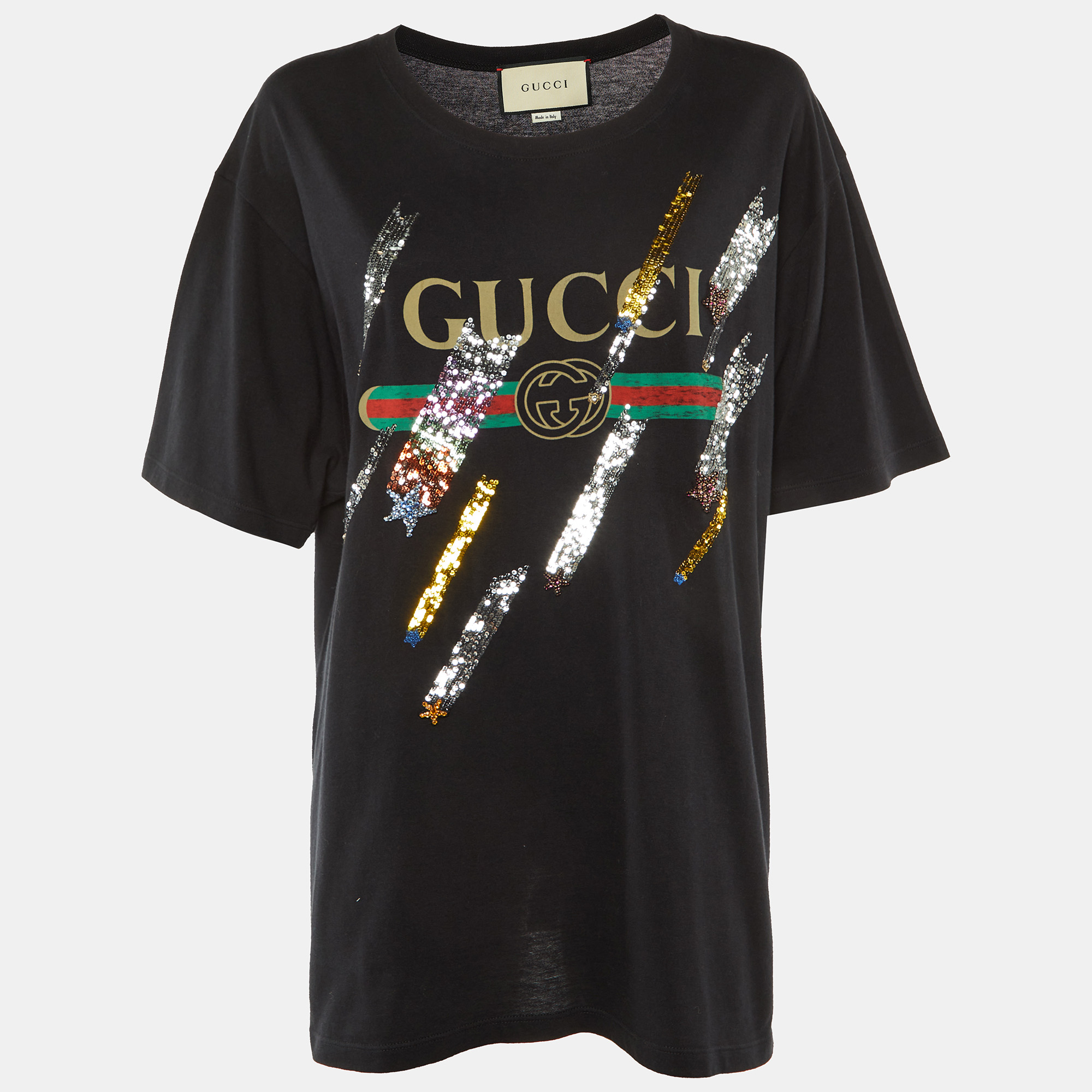 Pre-owned Gucci Black Logo Printed Cotton Knit Sequin Embellished T-shirt Xl