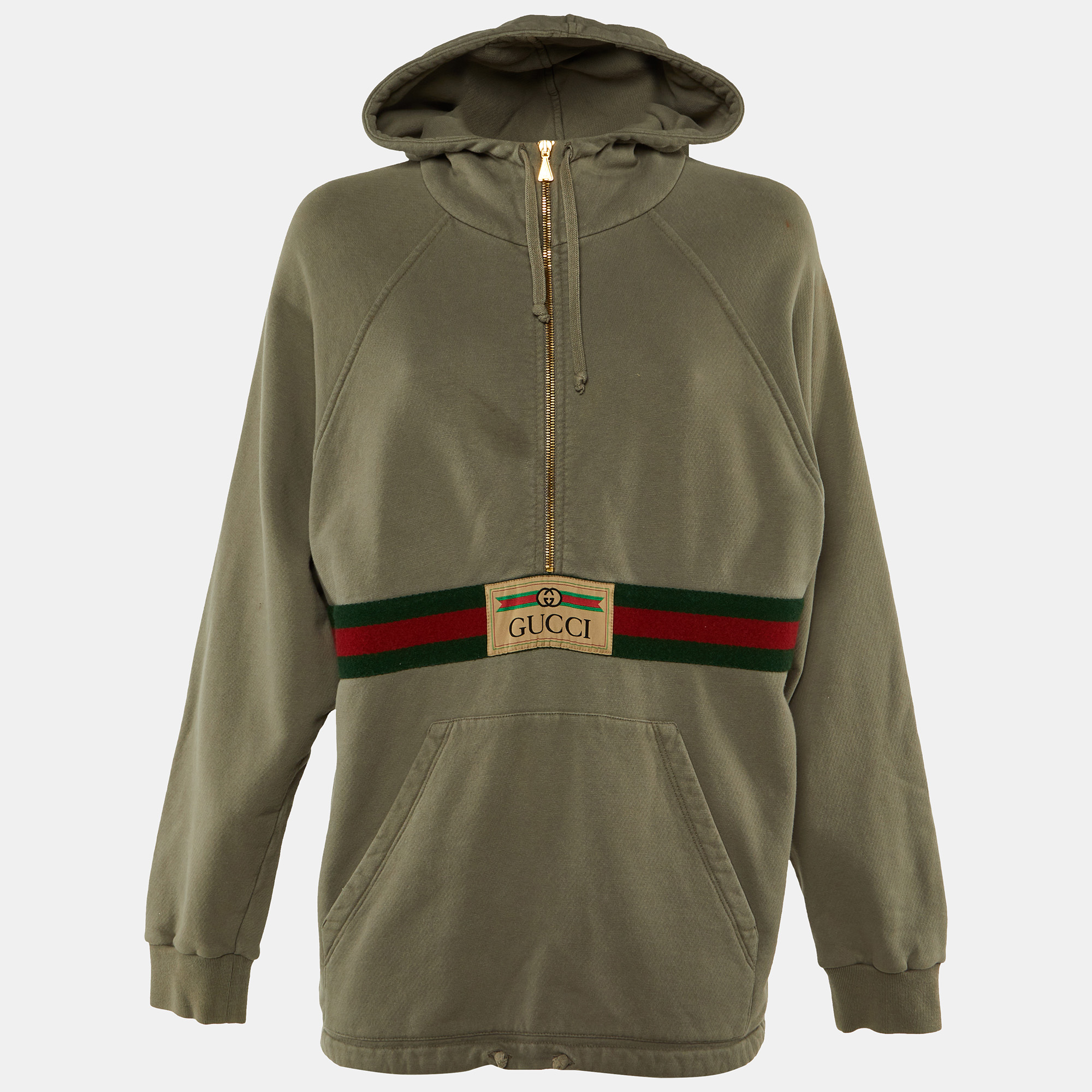 Pre-owned Gucci Grey Cotton Knit Logo Stripe Detail Oversized Hoodie Xs In Gray