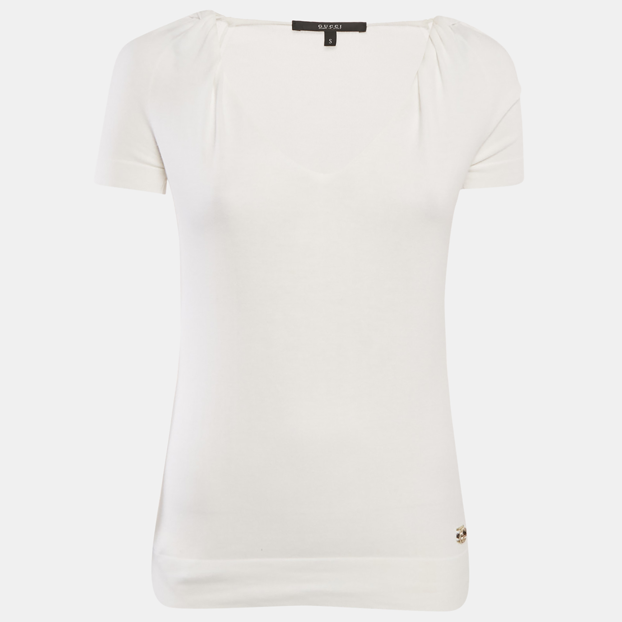 

Gucci White Cotton Knit GG Logo Detail V-Neck T-Shirt