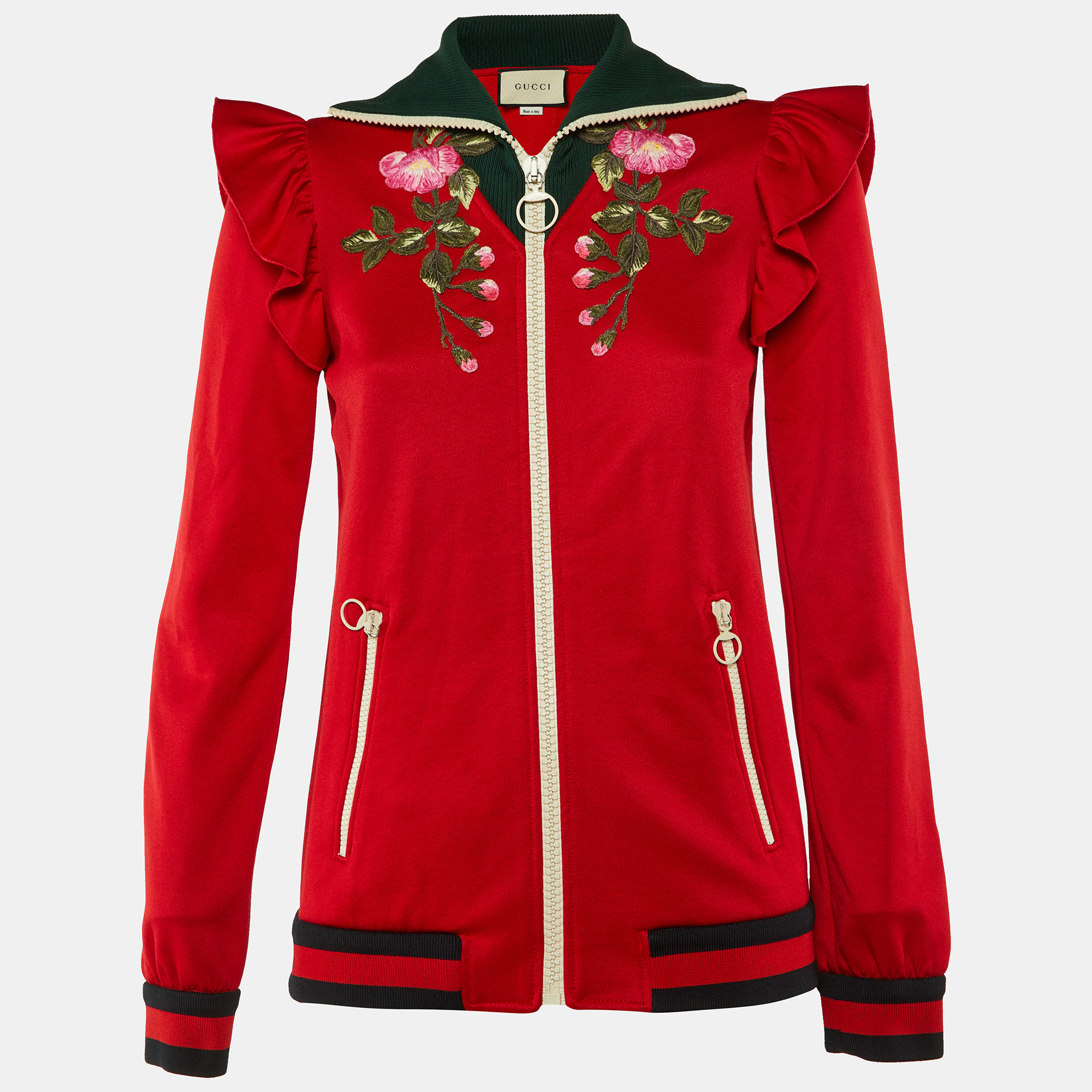 

Gucci Red Cotton Blend Knit Floral Patch Detail Zip-Up Jacket S