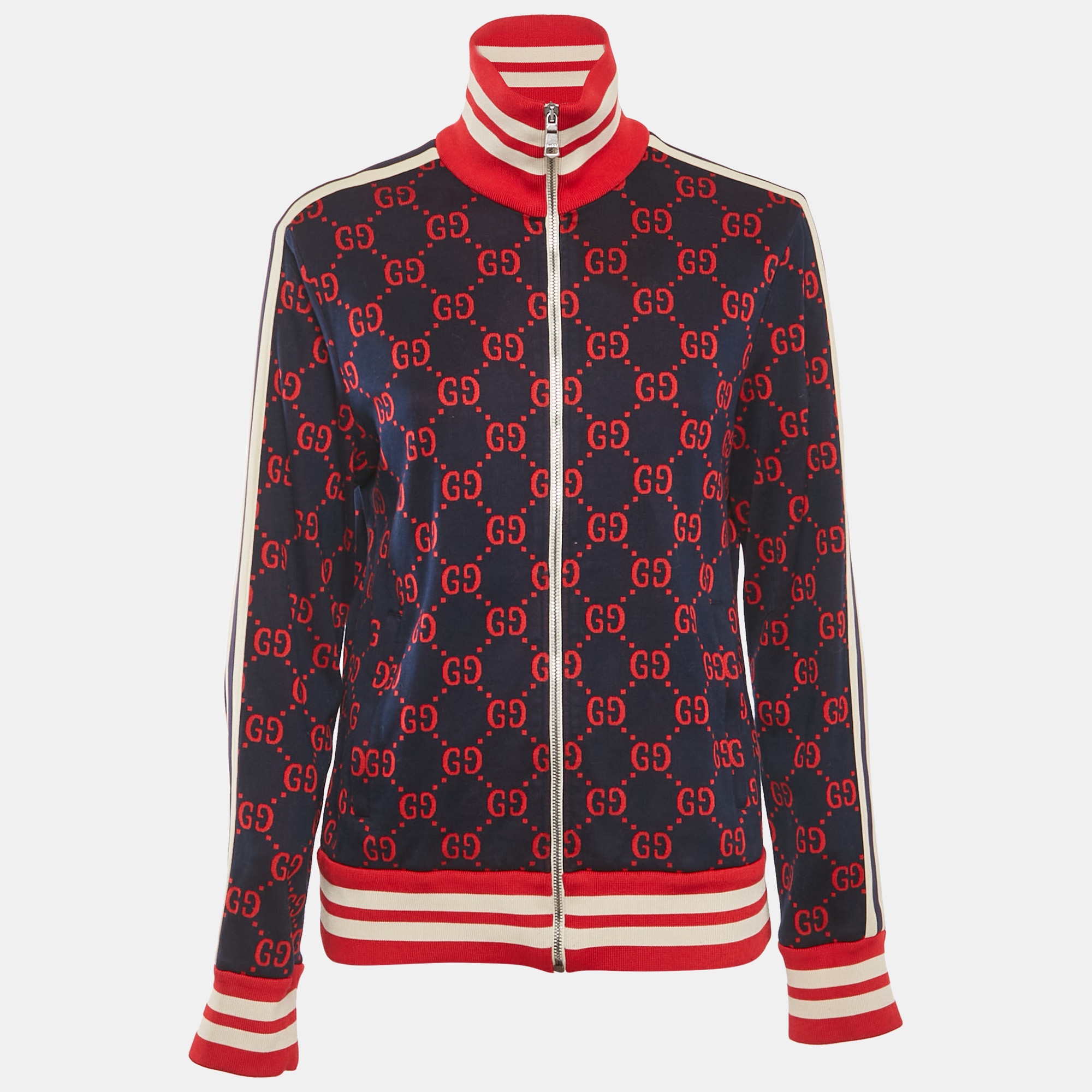 

Gucci Navy Blue GG Monogram Print Cotton Knit Zip -Up Jacket M