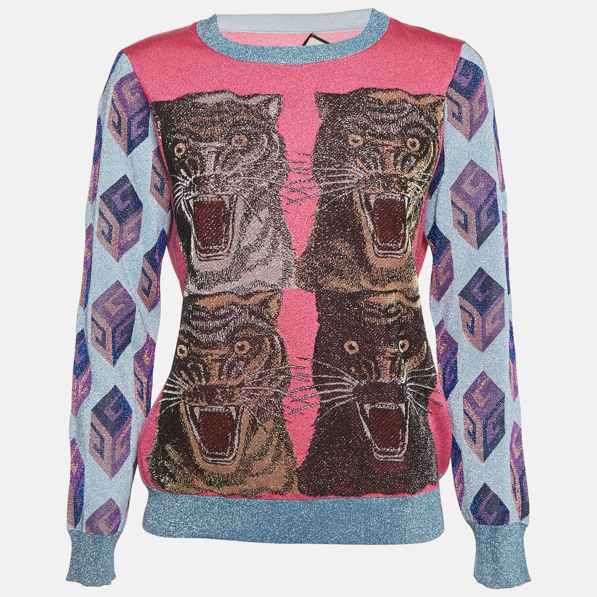 

Gucci Pink/Blue Tiger Intarsia Lamé Knit Crew Neck Pullover XL