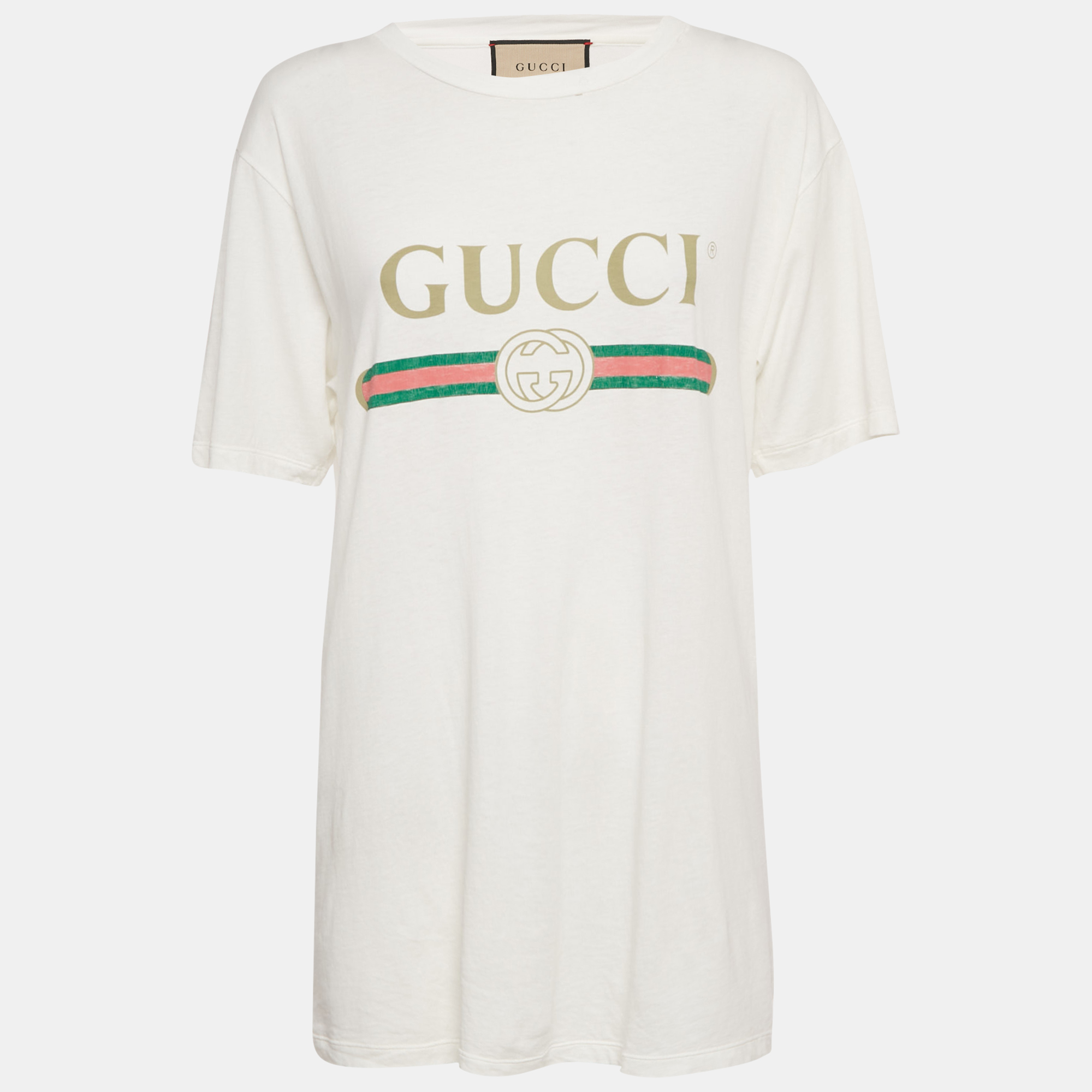 Gucci White Vintage Logo Print Jersey Distressed T-Shirt S