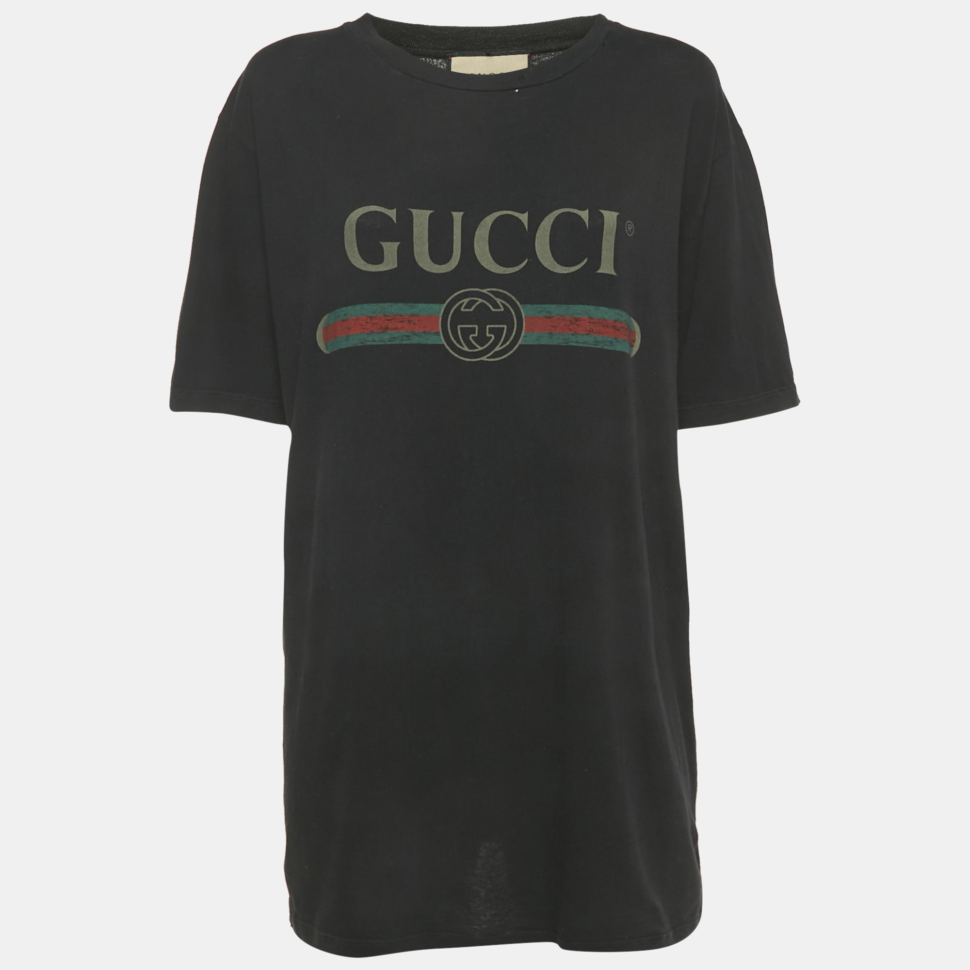 Gucci Black Vintage Logo Print Jersey Distressed T-Shirt M