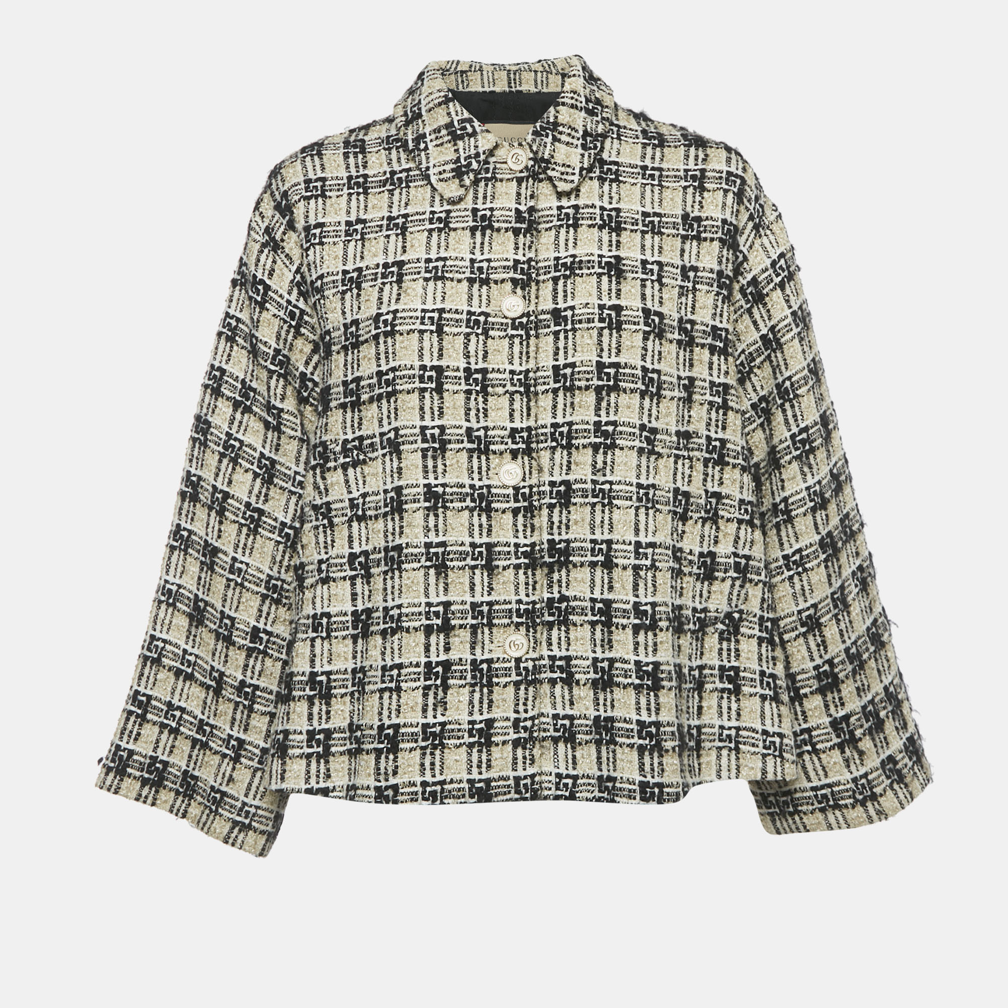 Pre-owned Gucci Beige Checks Tweed Button Front Jacket S In Sand