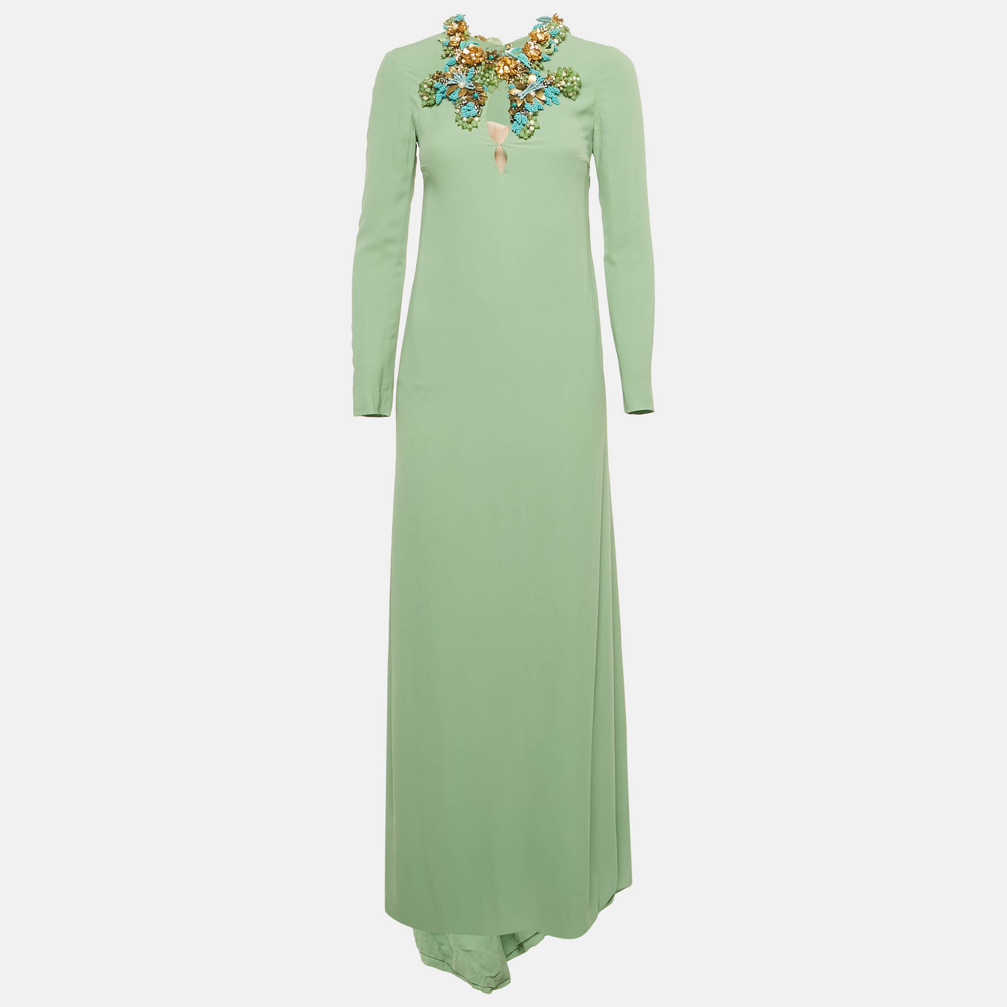 Gucci Mint Green Neck Embellished Silk Long Sleeve Maxi Dress S