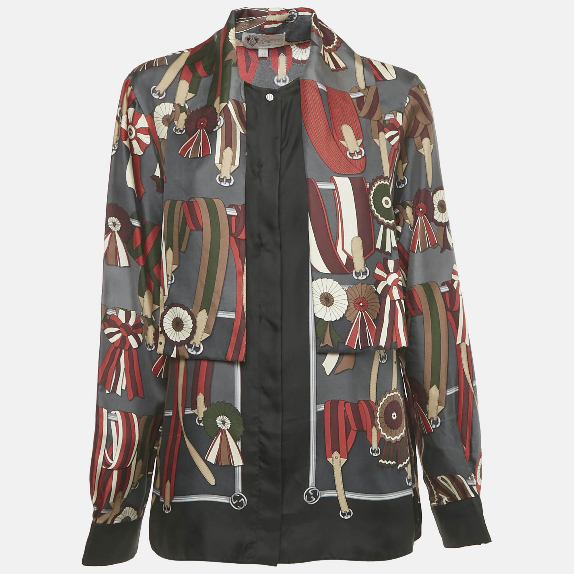

Gucci Vintage Grey Printed Silk Neck Tie Detail Blouse L