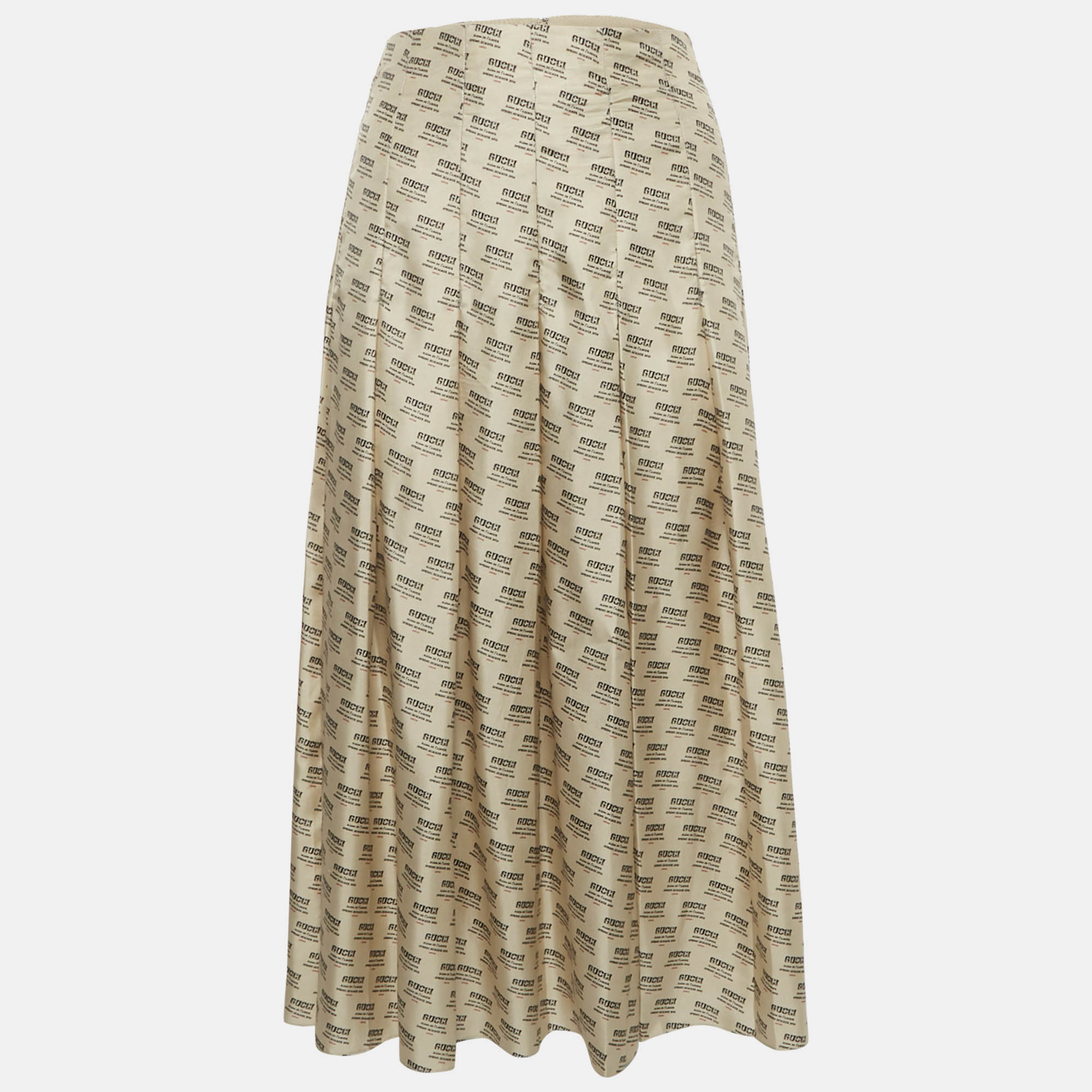 

Gucci Beige Invite Stamp Print Silk Pleated Midi Skirt L