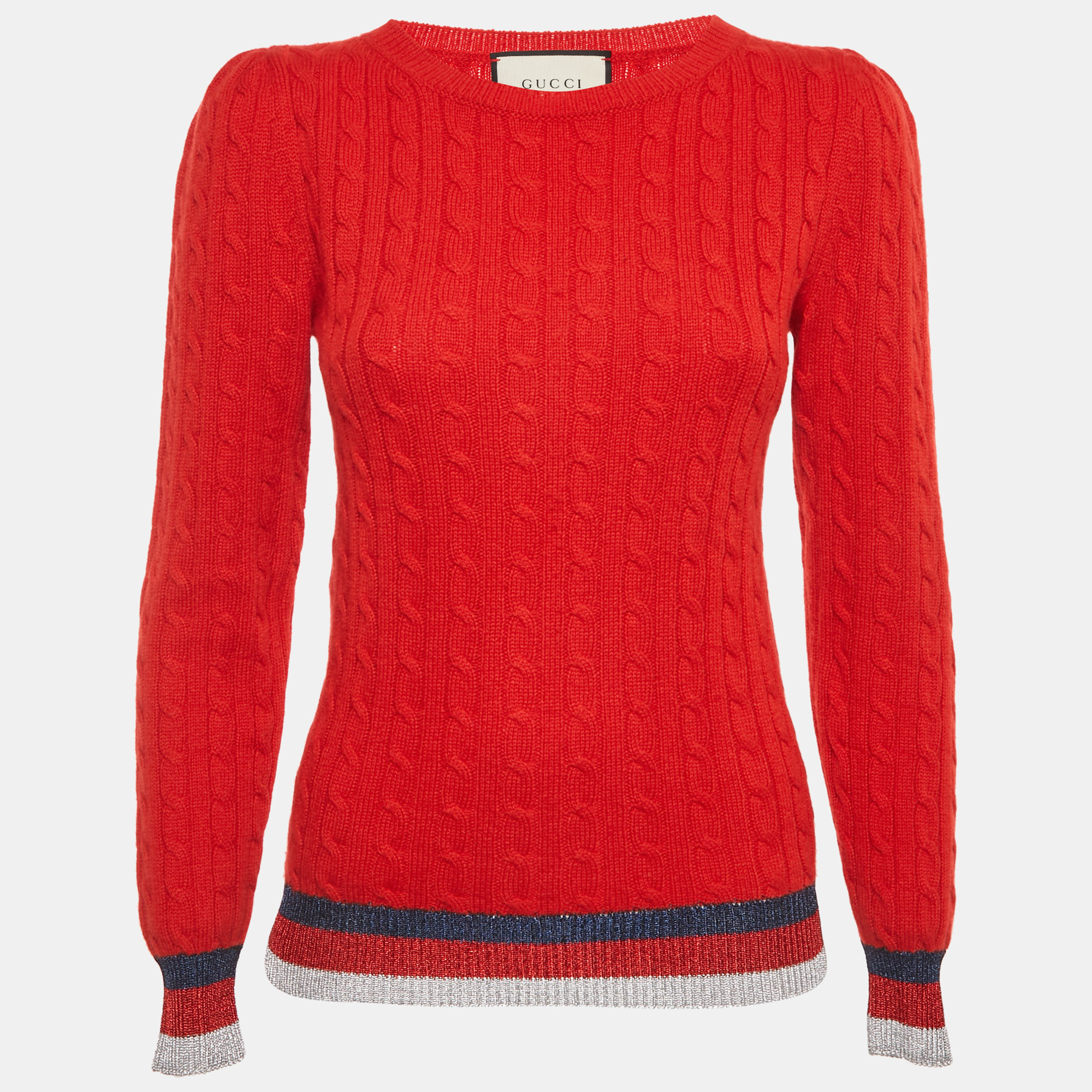 Gucci Red Lam&eacute; Trim Cable Knit Crewneck Sweater M