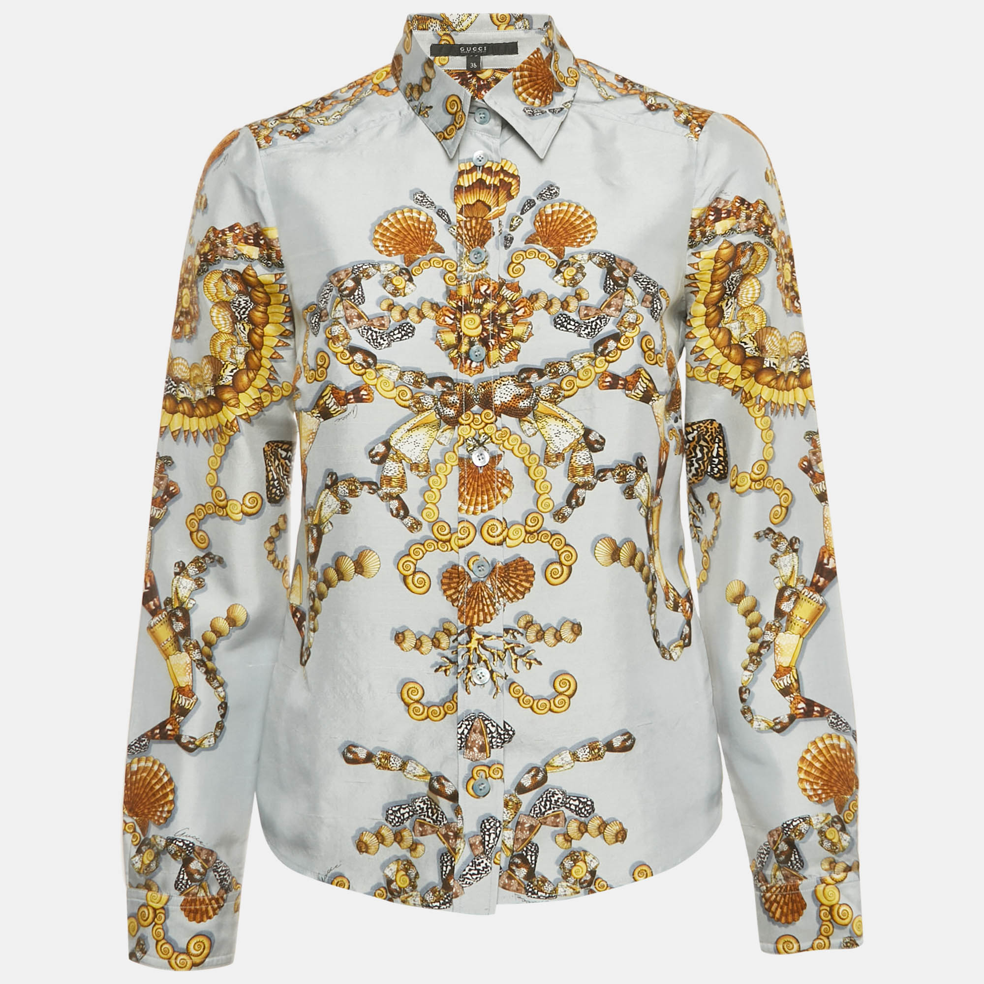 Pre-owned Gucci Blue Shell Print Silk Button Front Shirt S