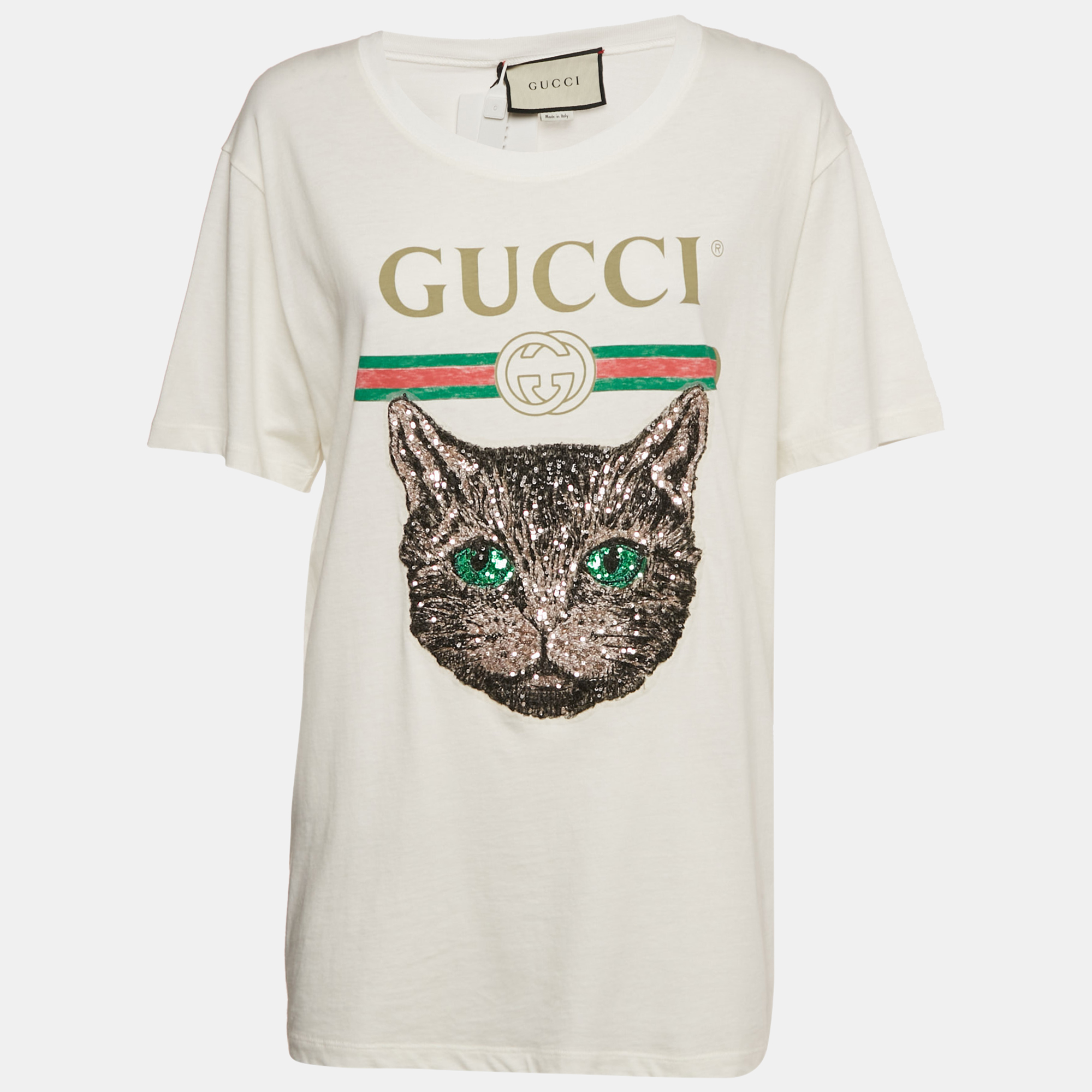 Gucci White Embellished Mystic Cat Applique Distressed Cotton T-Shirt S