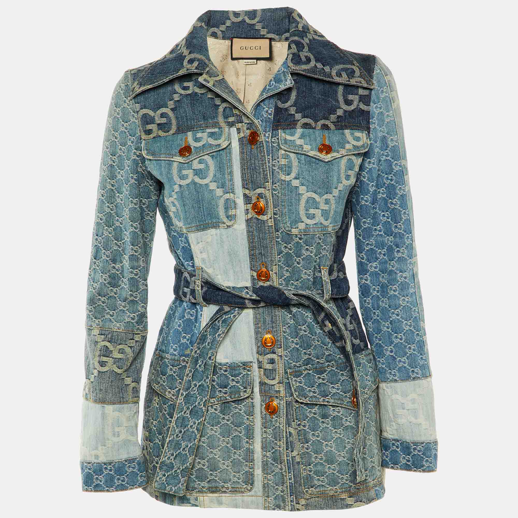 

Gucci Blue GG Denim Patchwork Belted Jacket S