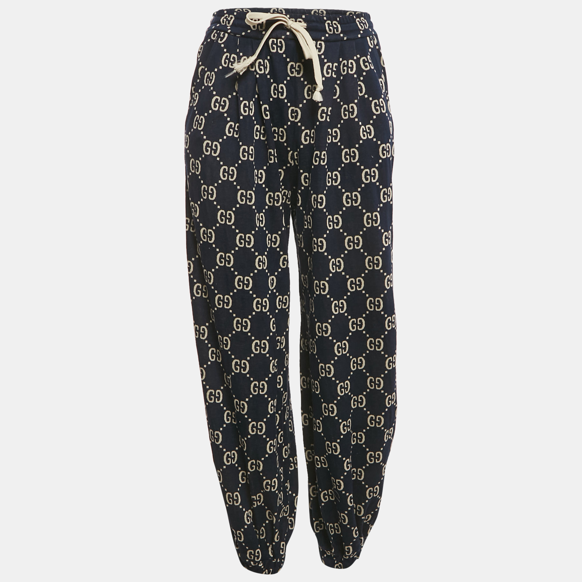 Pre-owned Gucci Navy Blue Gg Supreme Monogram Jacquard Knit Trackpants Xs
