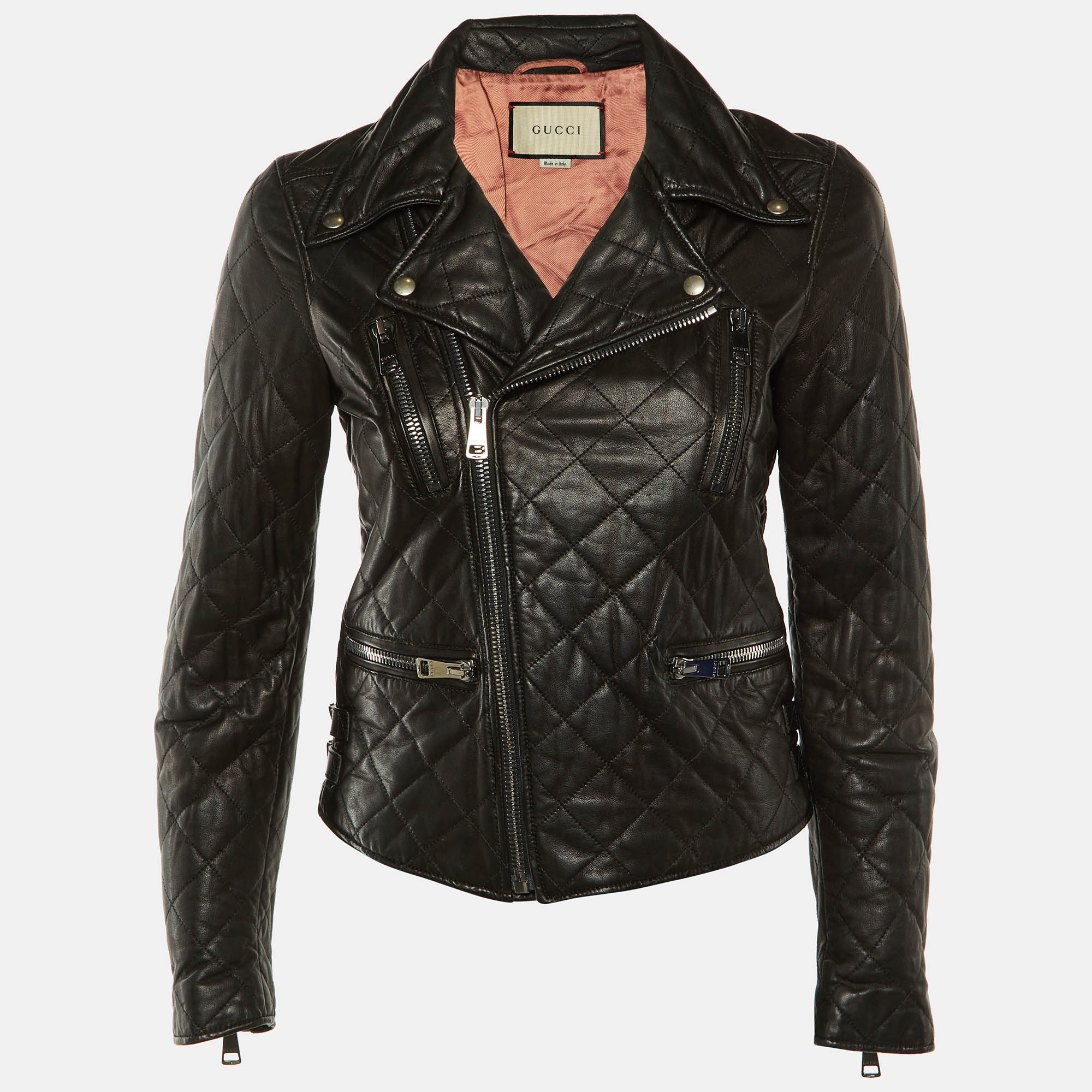 

Gucci Black Quilted Leather Logo Embellished Biker Jacket XS