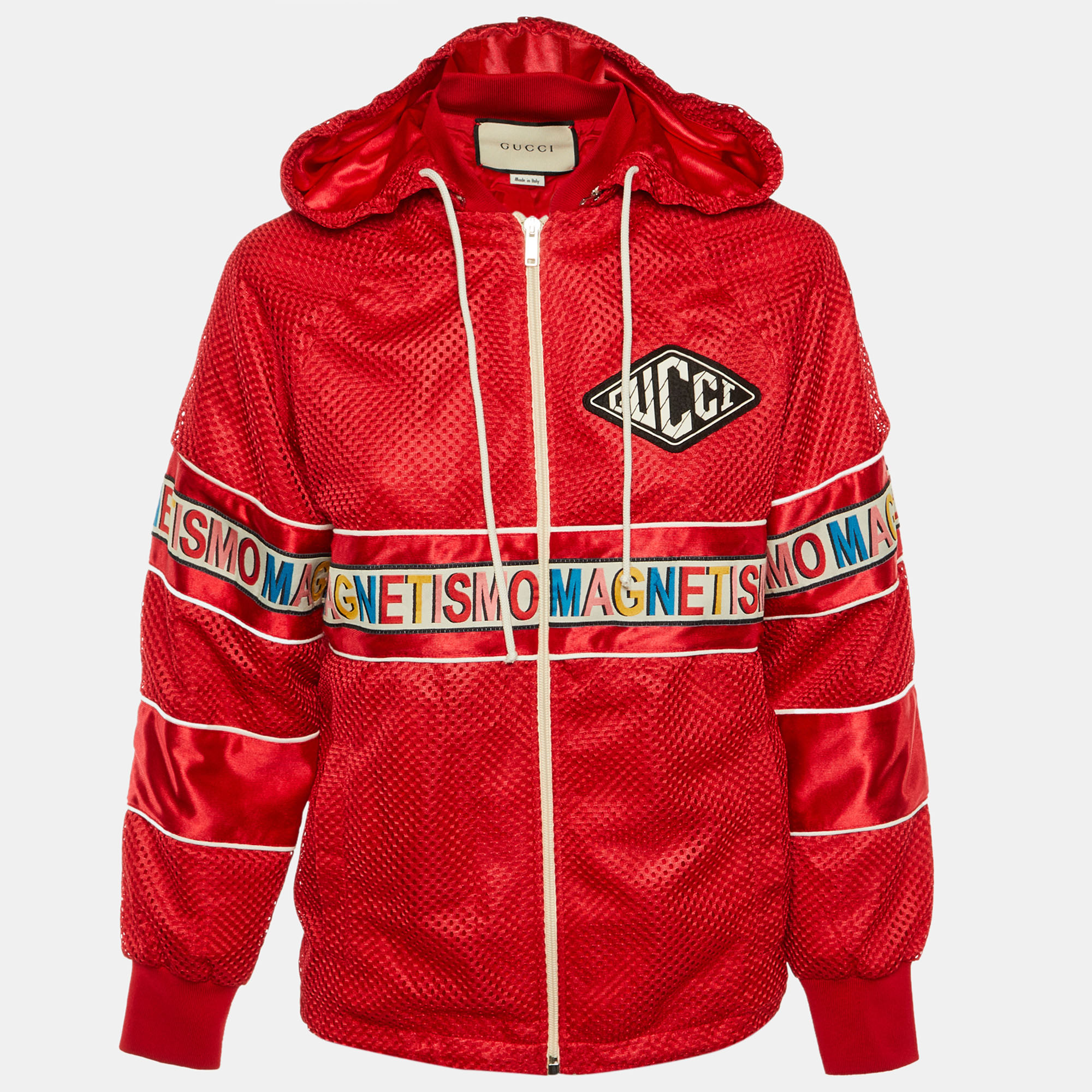 Pre-owned Gucci Red Mesh Magnetismo Stripe Trimmed Zip Front Hooded Jacket Xs