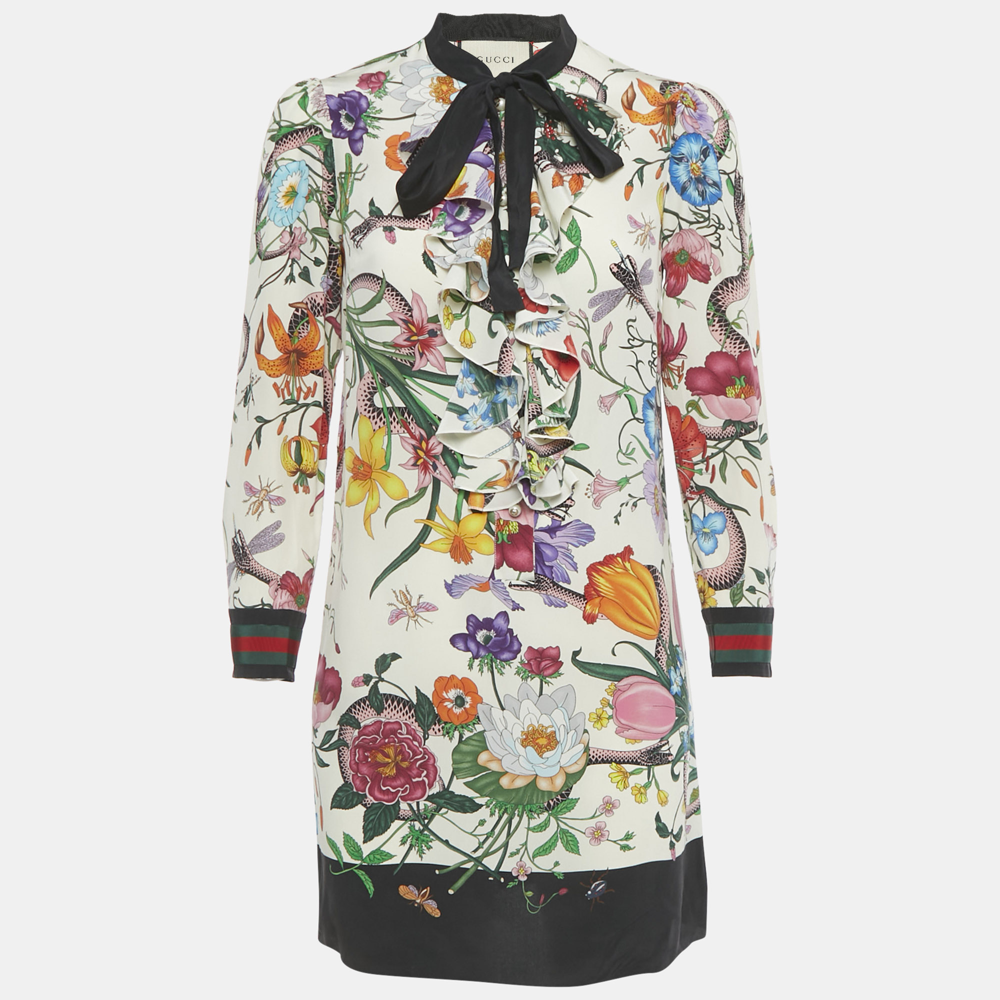 Pre-owned Gucci Multicolor Floral Print Silk Ruffled Mini Dress M In White