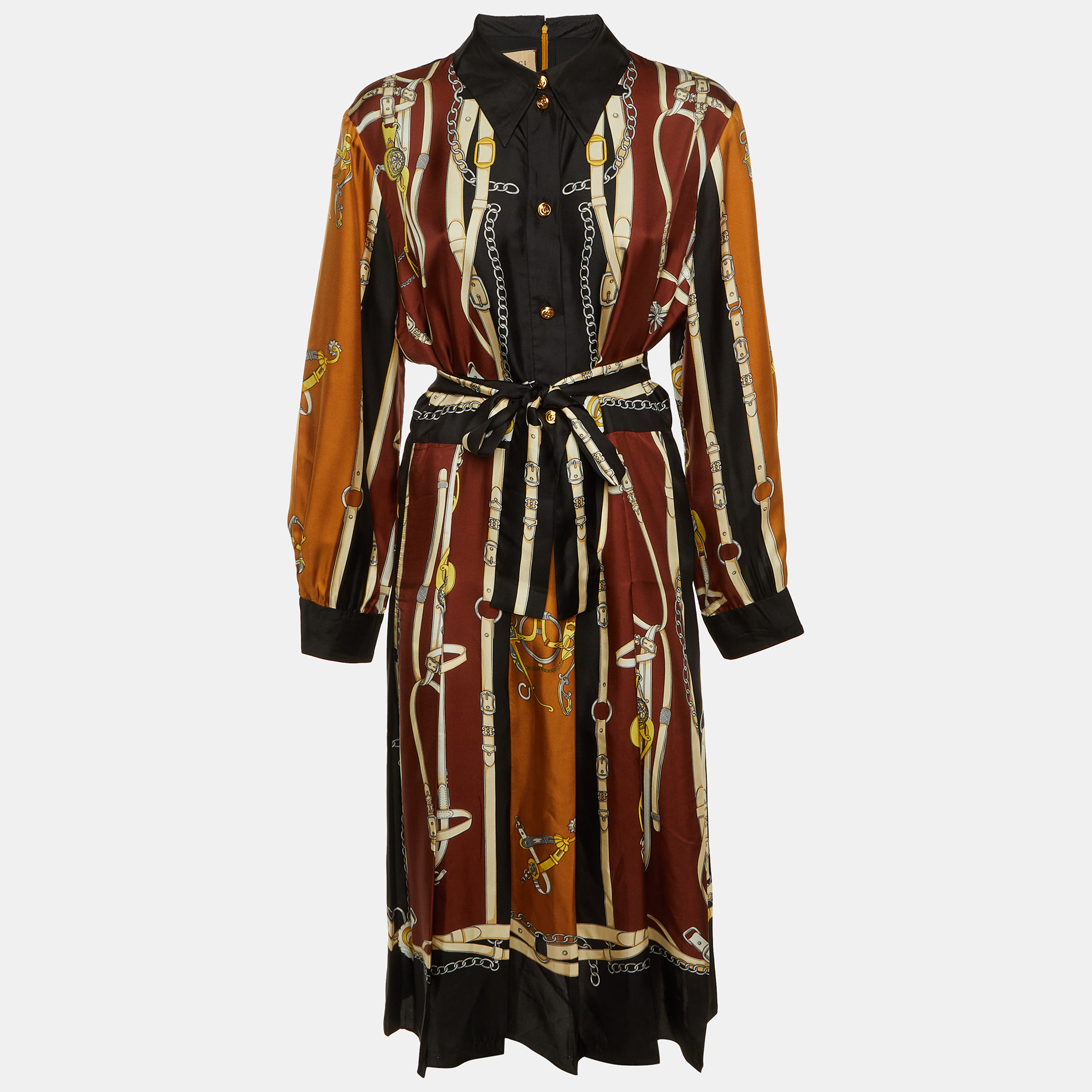 Gucci Brown & Black Equestrian Printed Silk Belted Maxi Dress L