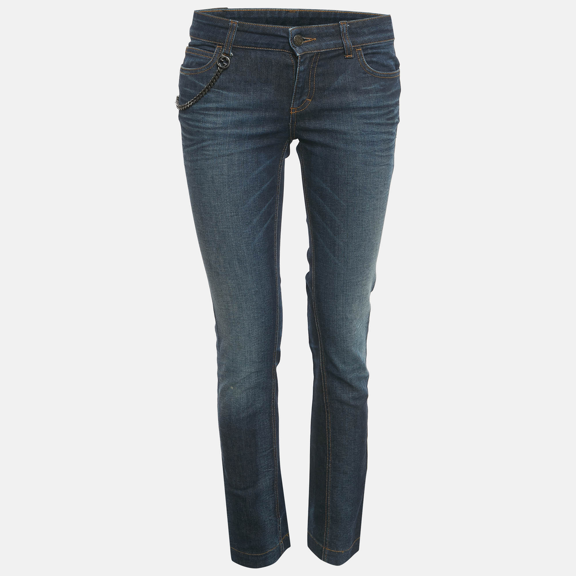 Pre-owned Gucci Blue Faded Denim Chain Detail Skinny Jeans S Waist 28"