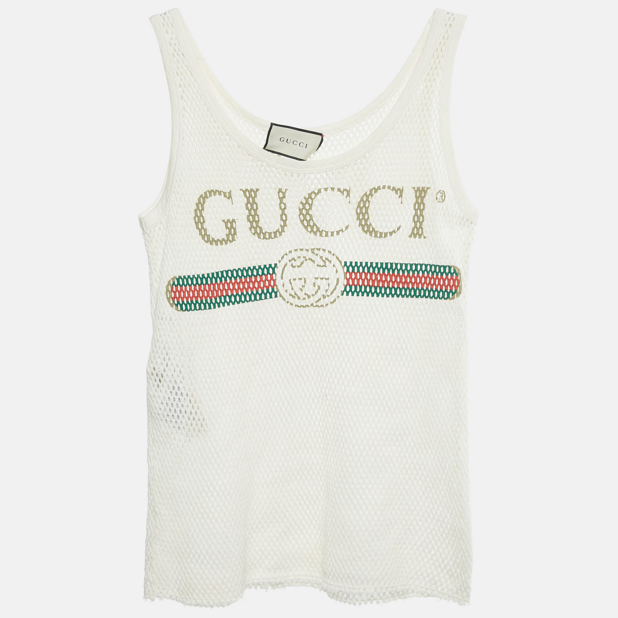 Pre-owned Gucci White Logo Print Mesh Tank Top M