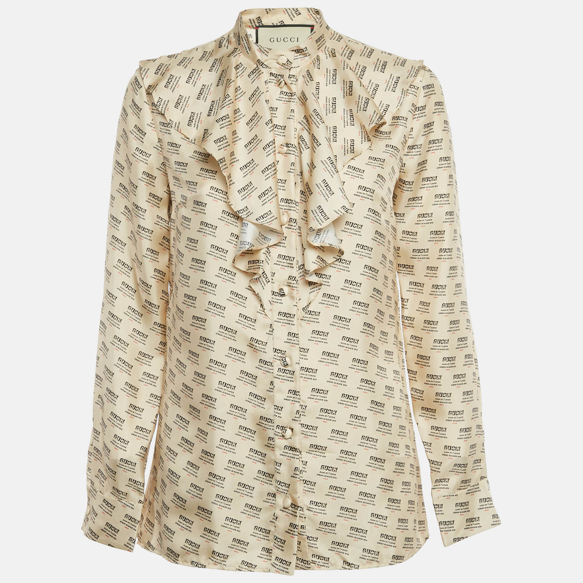 

Gucci Beige Logo Stamp Print Ruffled Shirt S