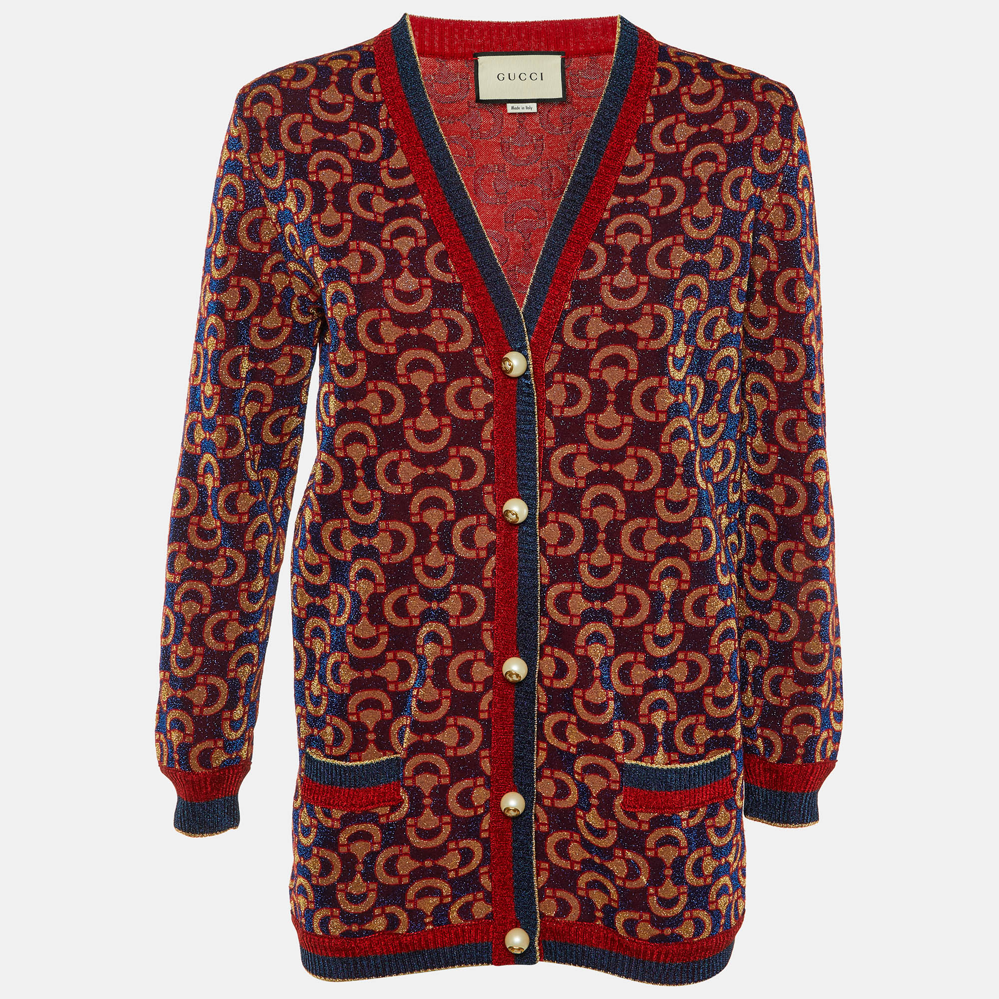 Pre-owned Gucci Blue/red Horsebit Lurex Knit Button Front Cardigan L
