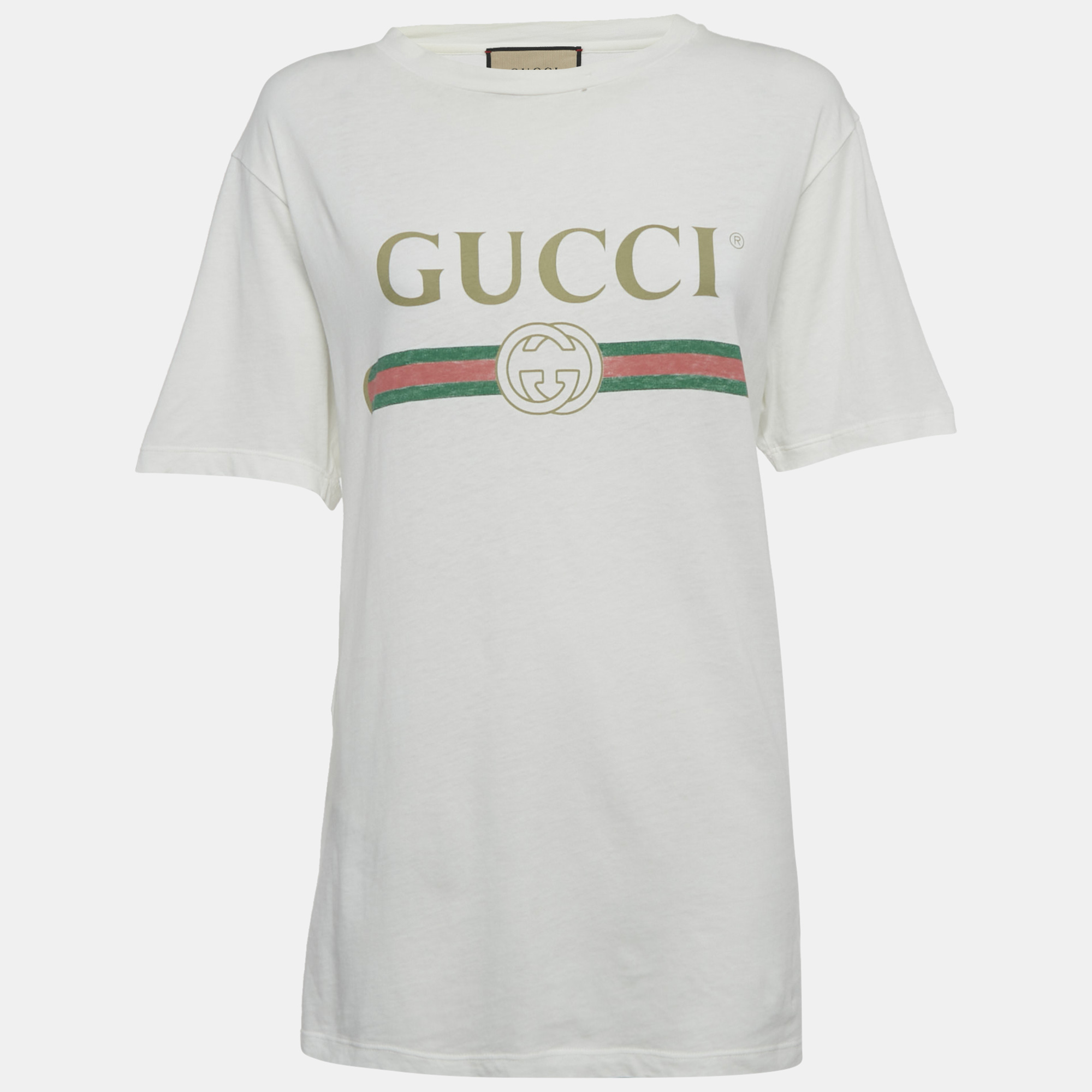 

Gucci White Logo Print Cotton Distressed T-Shirt XXS