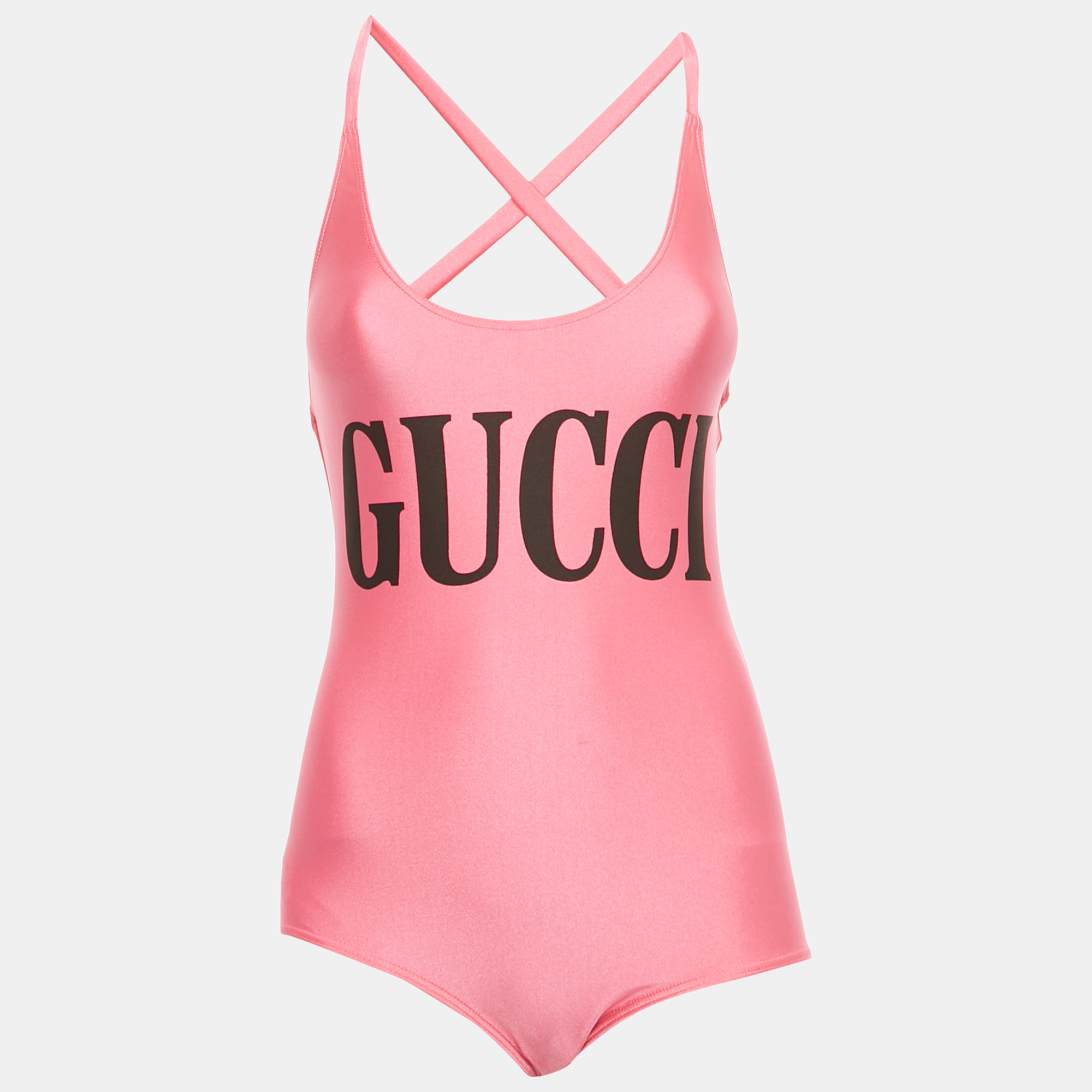 

Gucci Pink Logo Print Jersey Cross-Over Strap Detail Swimsuit S