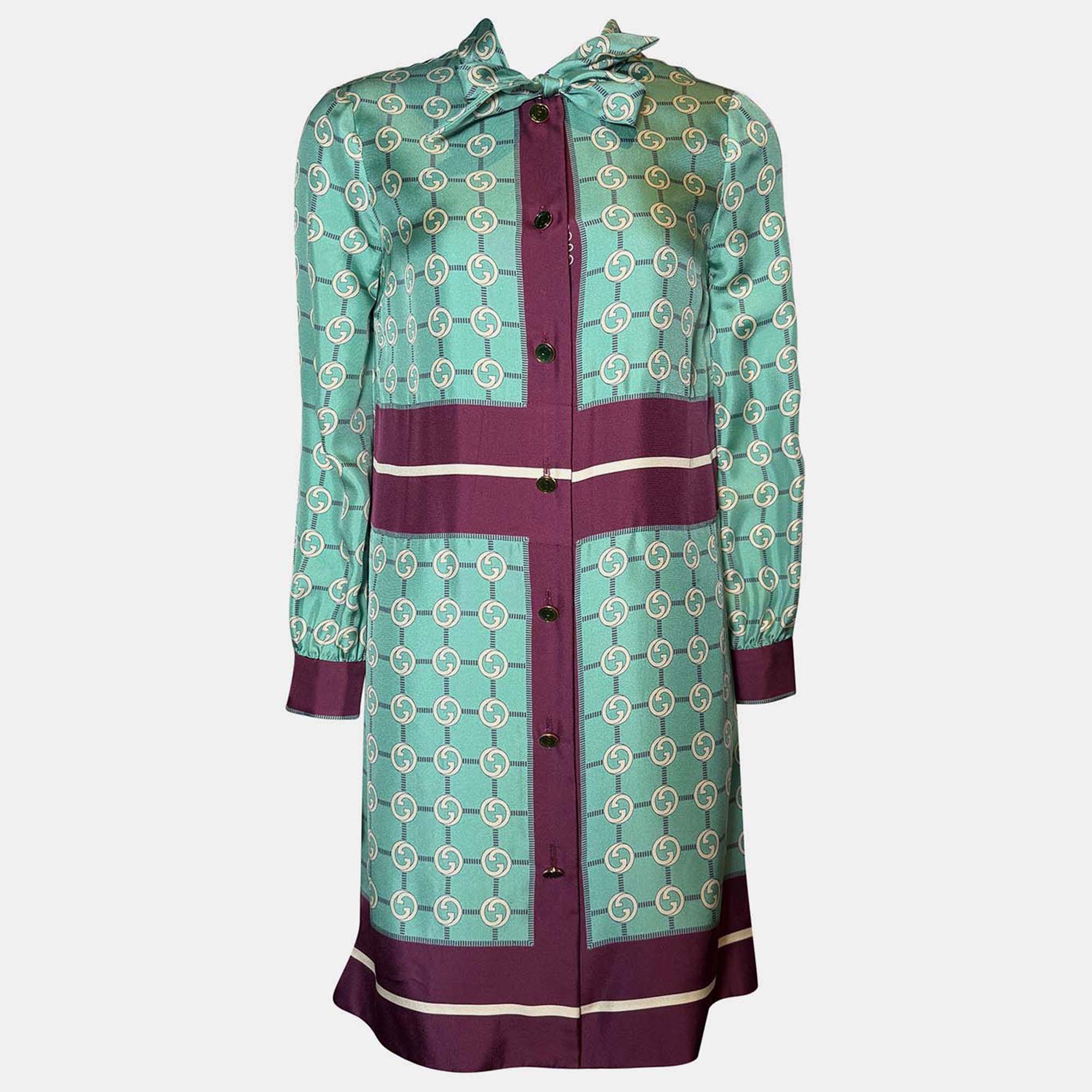 Gucci Silk Teal/Purple GG Printed Silk Button-Up Neck Tie Dress Size XS