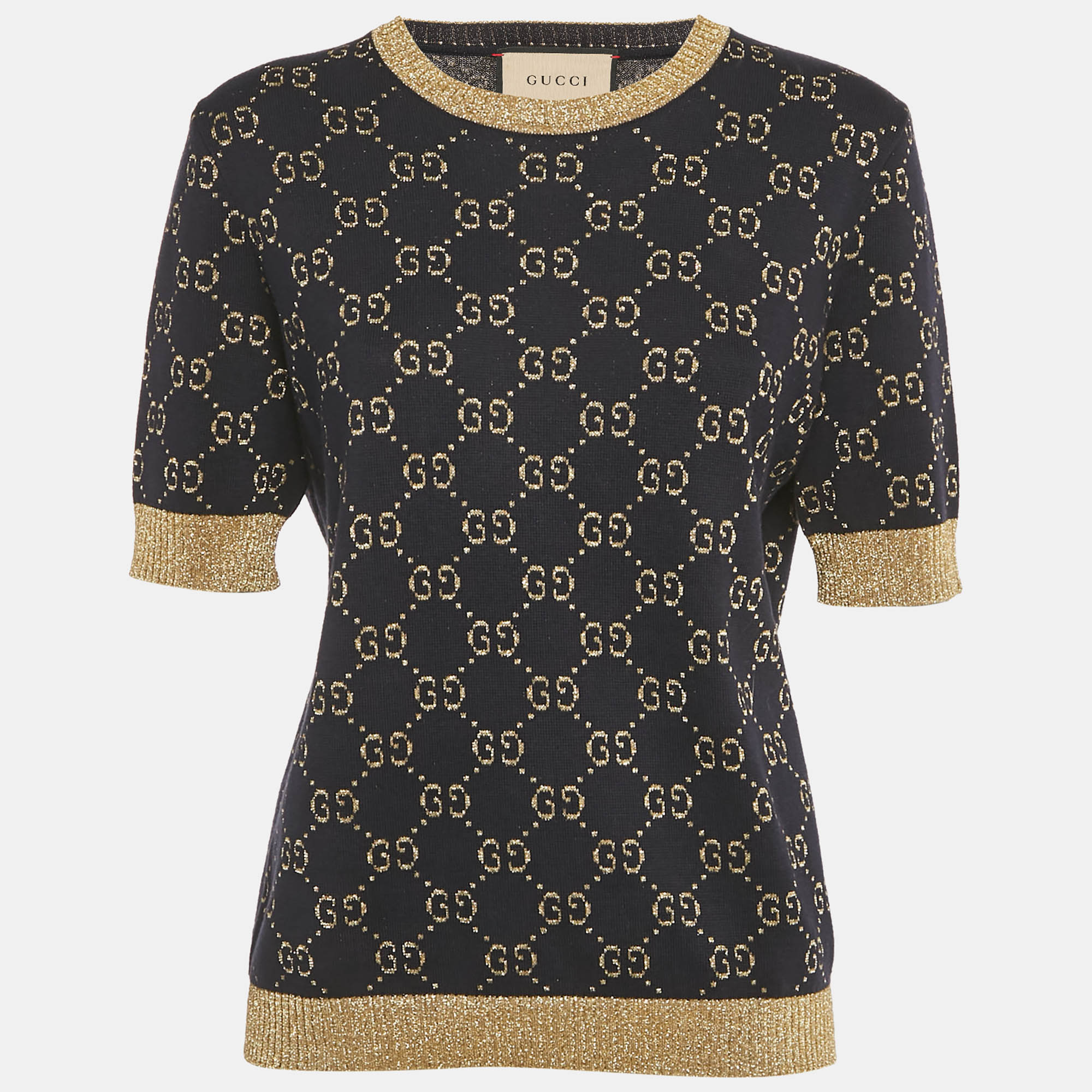 

Gucci Navy Blue/Gold Logo Pattern Lamé Cotton Blend Top XL