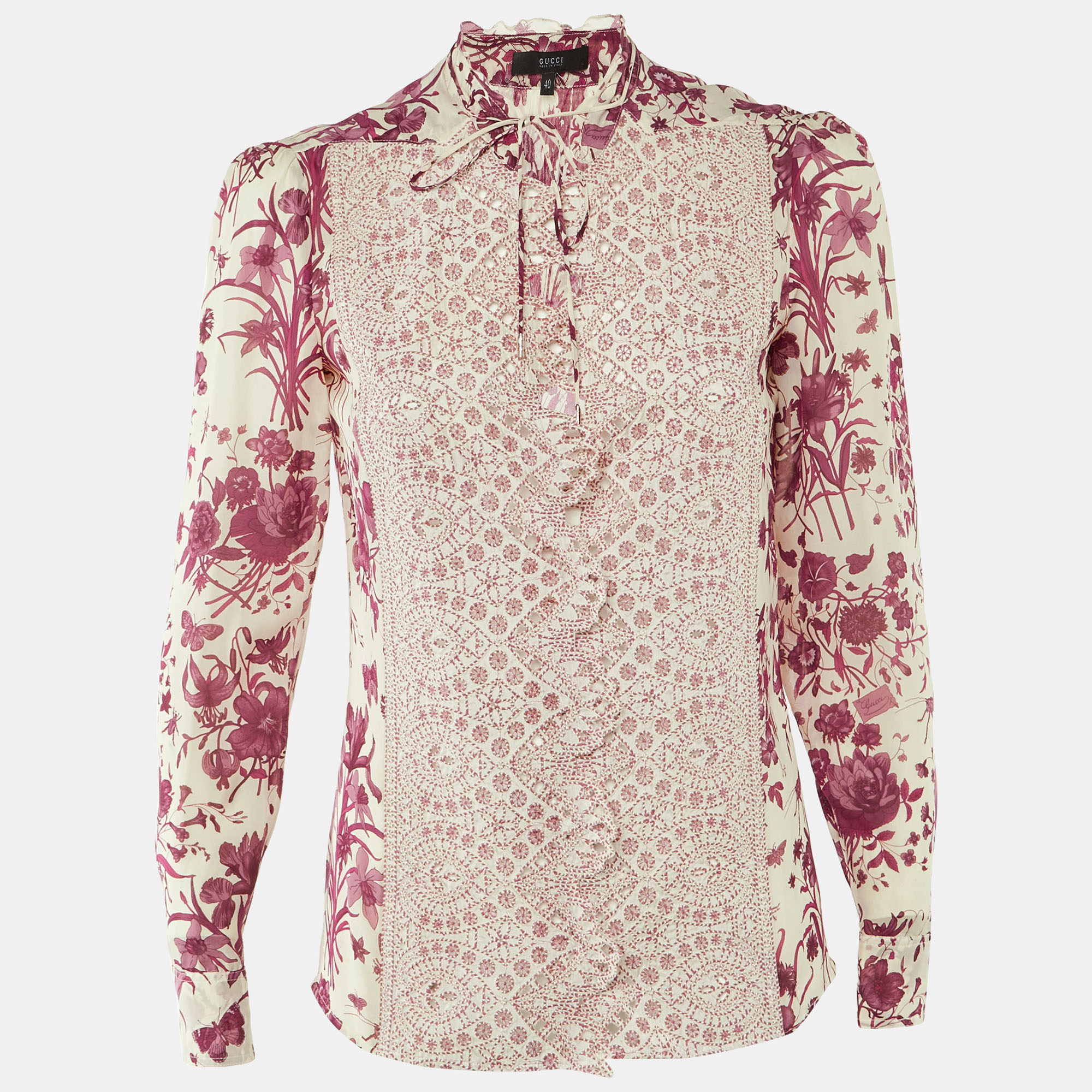 Pre-owned Gucci Pink Floral Print Silk Button Front Blouse S