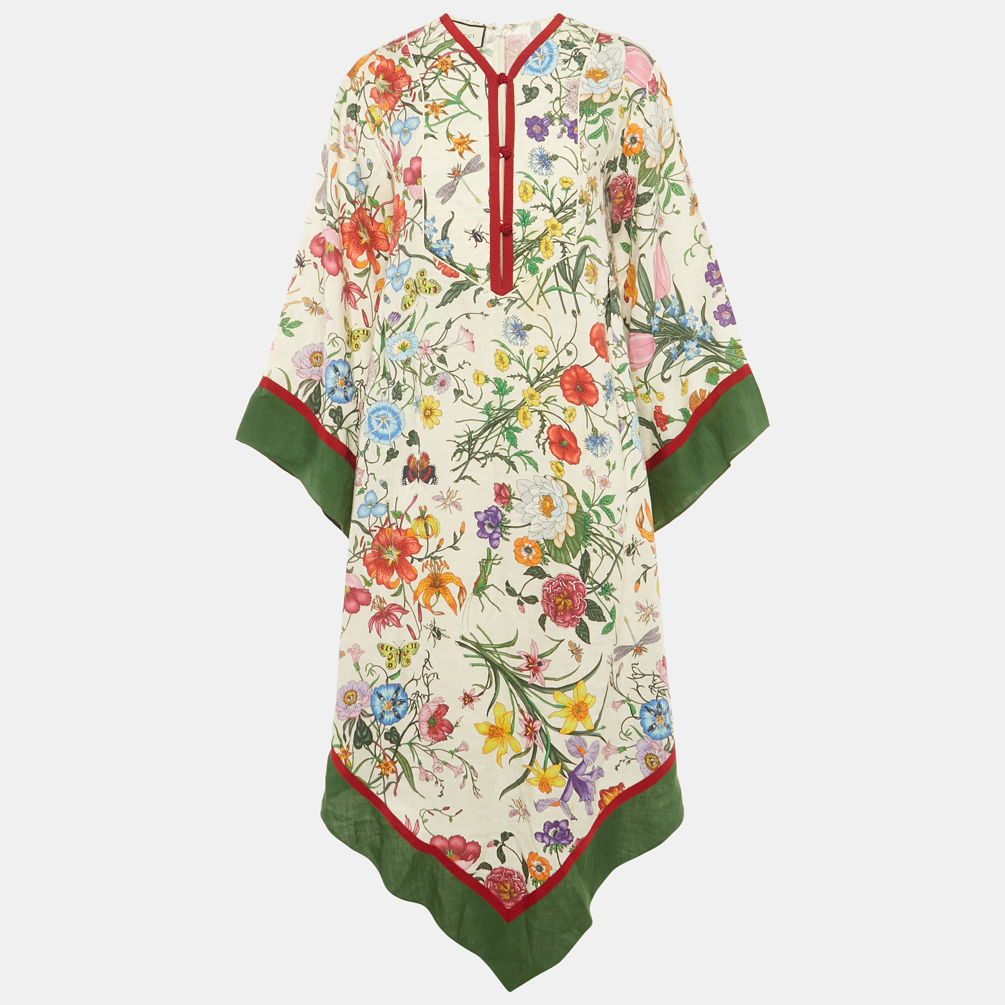 Pre-owned Gucci Multicolor Floral Linen Asymmetric Midi Dress S