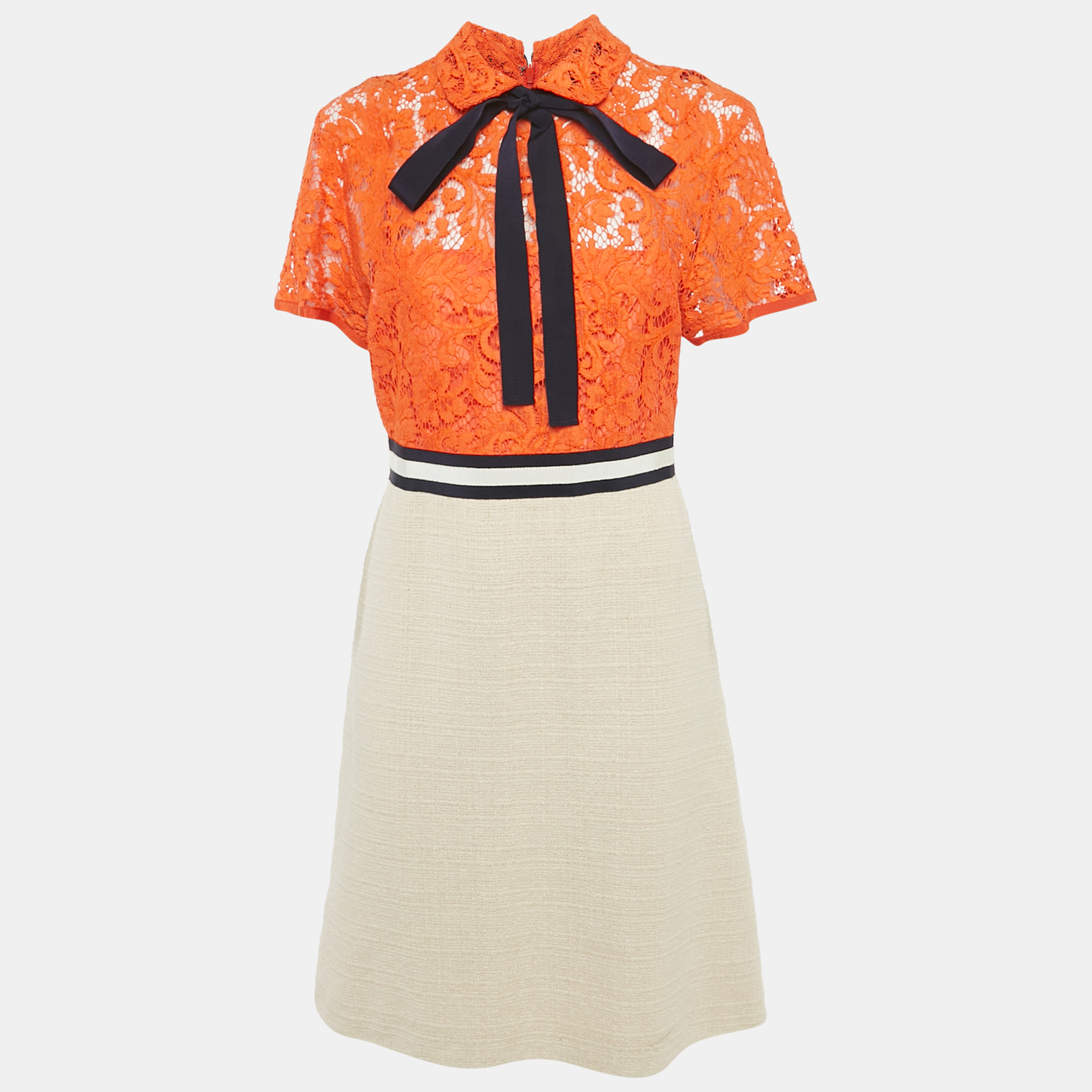 

Gucci Orange/Cream Lace & Tweed Bow Detail Short Dress M