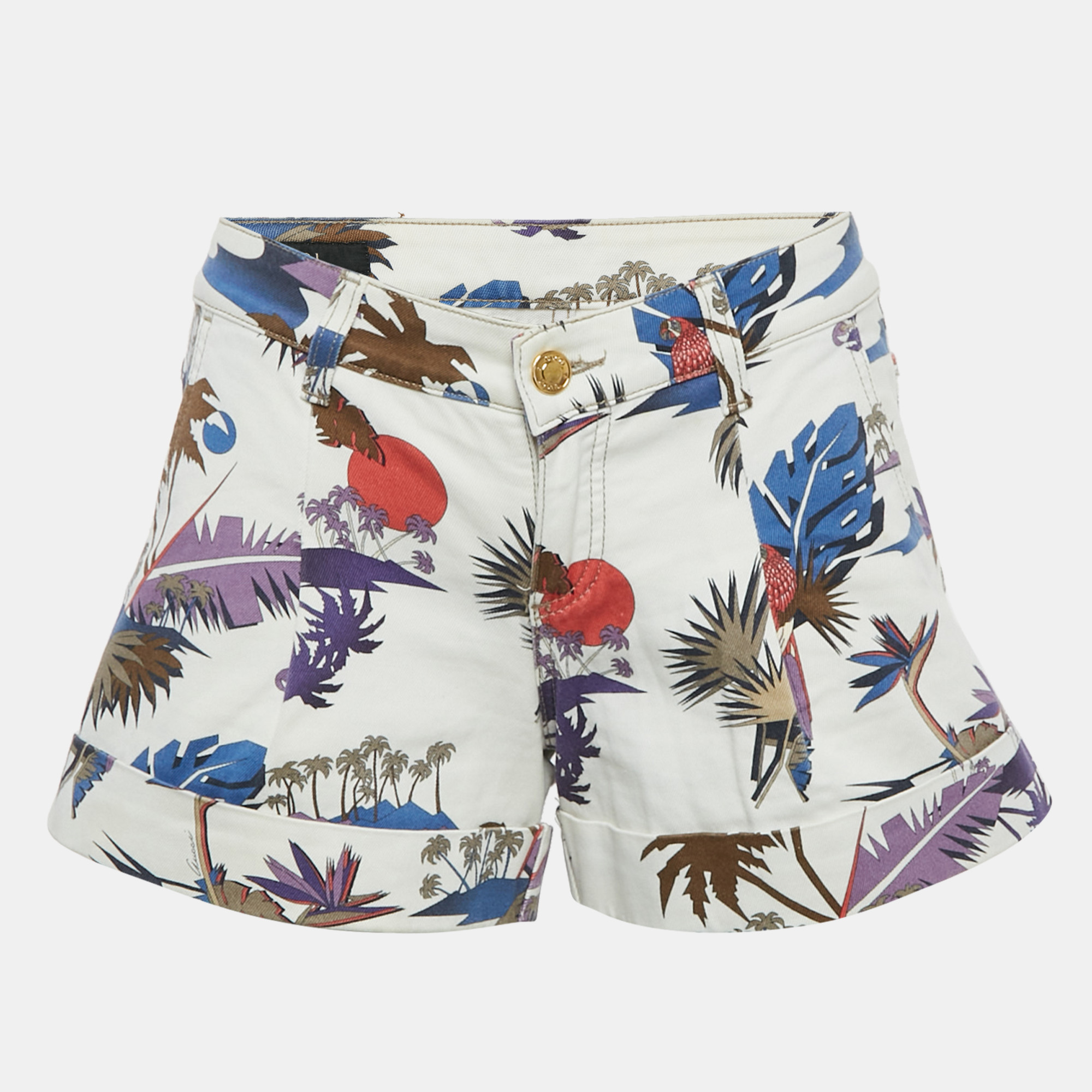 Pre-owned Gucci White Printed Denim Shorts S Waist 29"