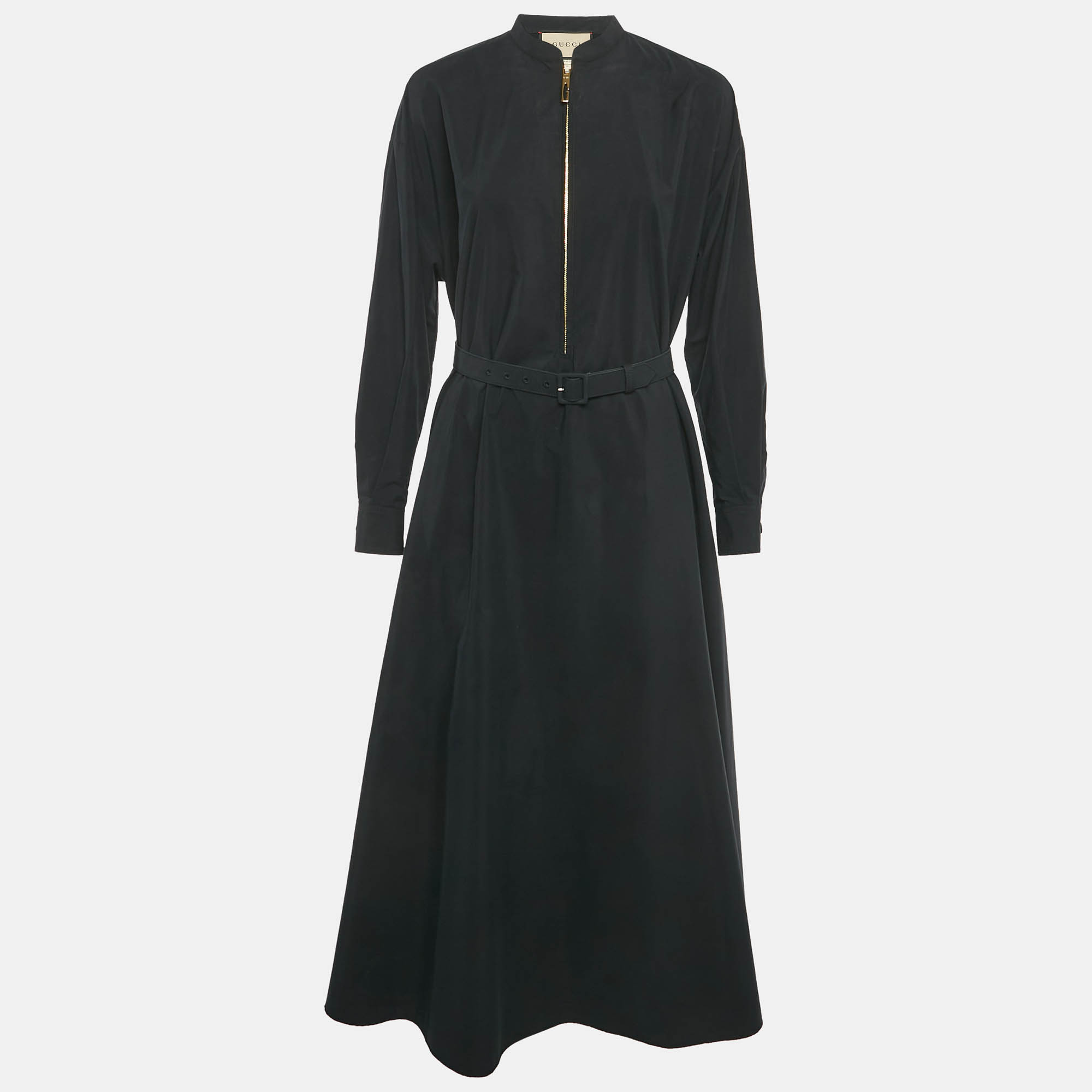 Gucci Black Cotton Poplin Belted Maxi Dress S