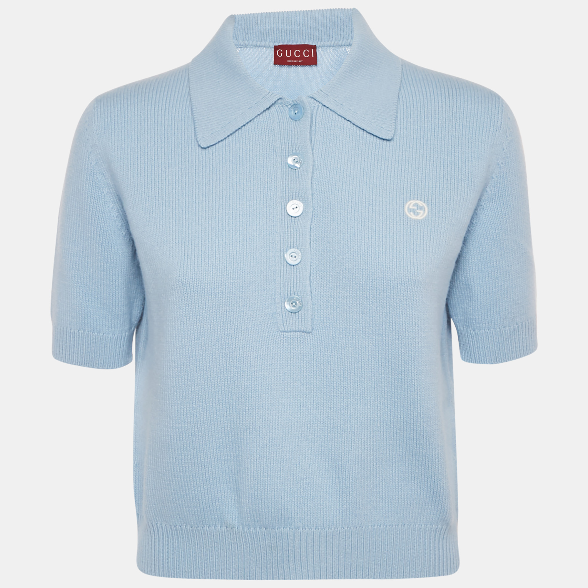 Pre Owned Gucci Light Blue Logo Embroidered Wool Polo Top L