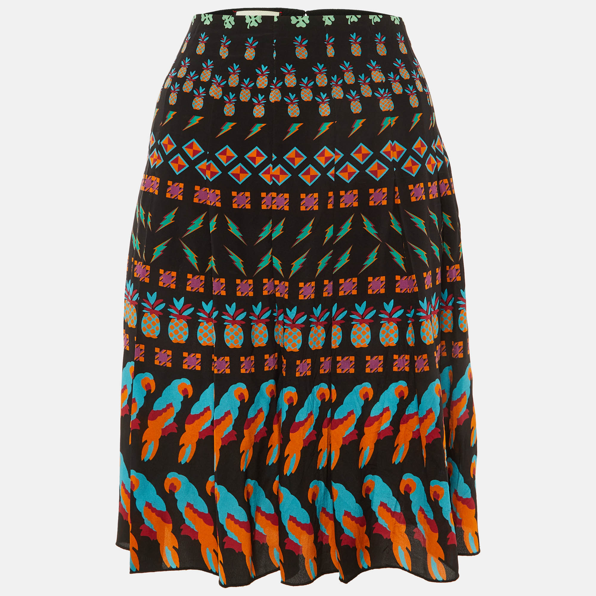Pre-owned Gucci Black Parrot Print Silk Pleated Skirt L